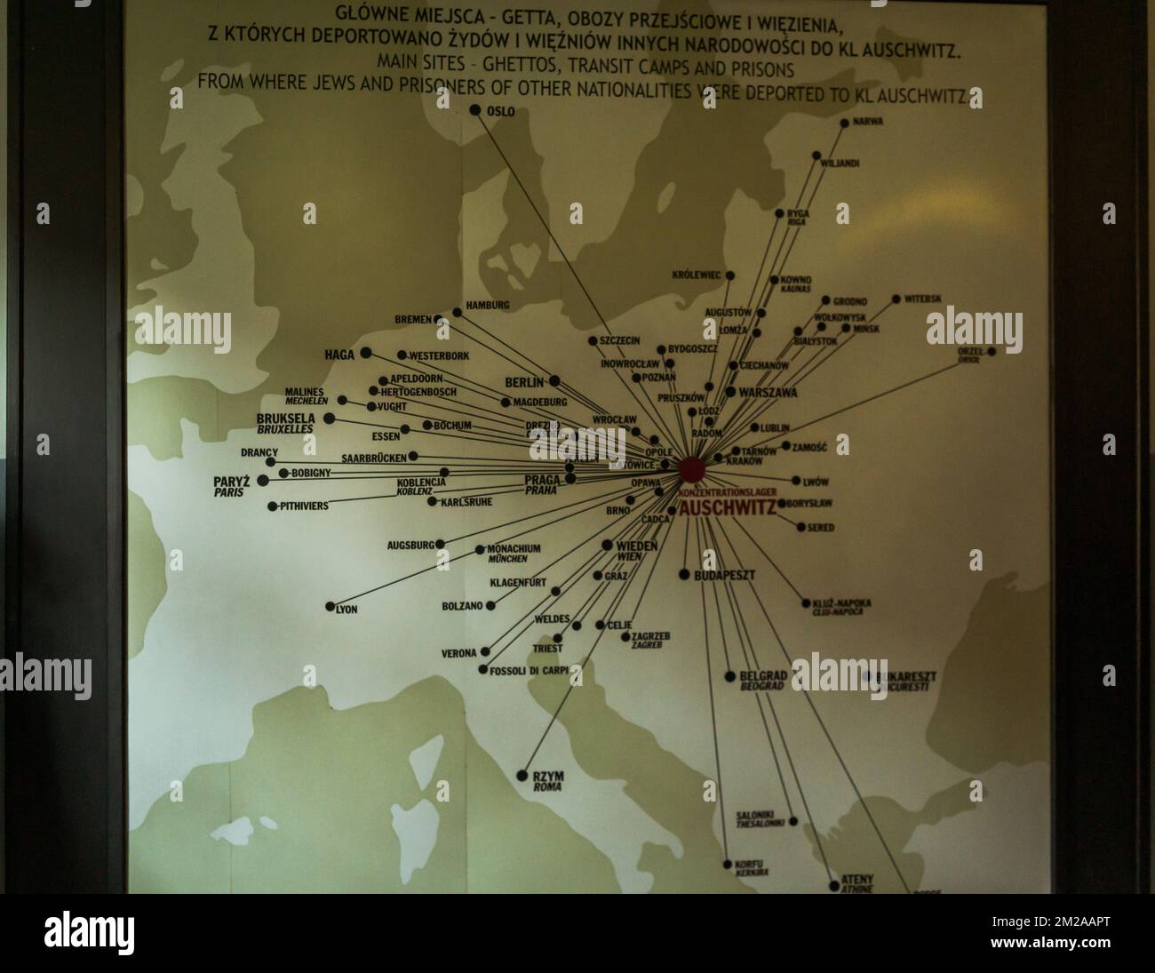 Carte européenne avec les emplacements des personnes déportées dans le camp de concentration nazi des victimes d'Auschwitz-Birkenau Banque D'Images