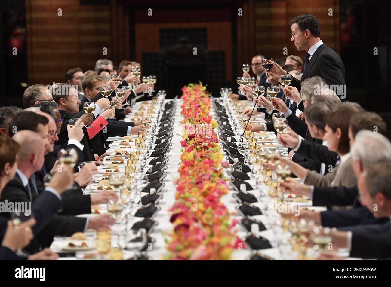Le Premier ministre des pays-Bas, Mark Rutte, prononce un discours lors d'un dîner de gala à l'issue d'un sommet des pays du Benelux, à savoir le Luxembourg, les pays-Bas et la Belgique, le mercredi 08 novembre 2017, à Den Haag, aux pays-Bas. BELGA PHOTO DIRK WAEM Banque D'Images