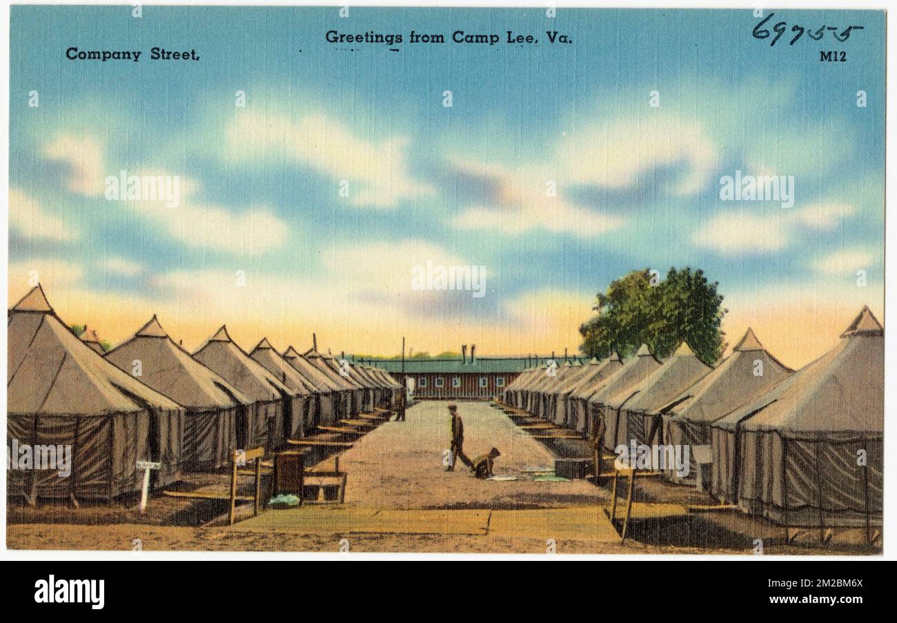 Company Street, salutations de Camp Lee, Virginie , Installations militaires, Collection des frères Tichnor, cartes postales des États-Unis Banque D'Images