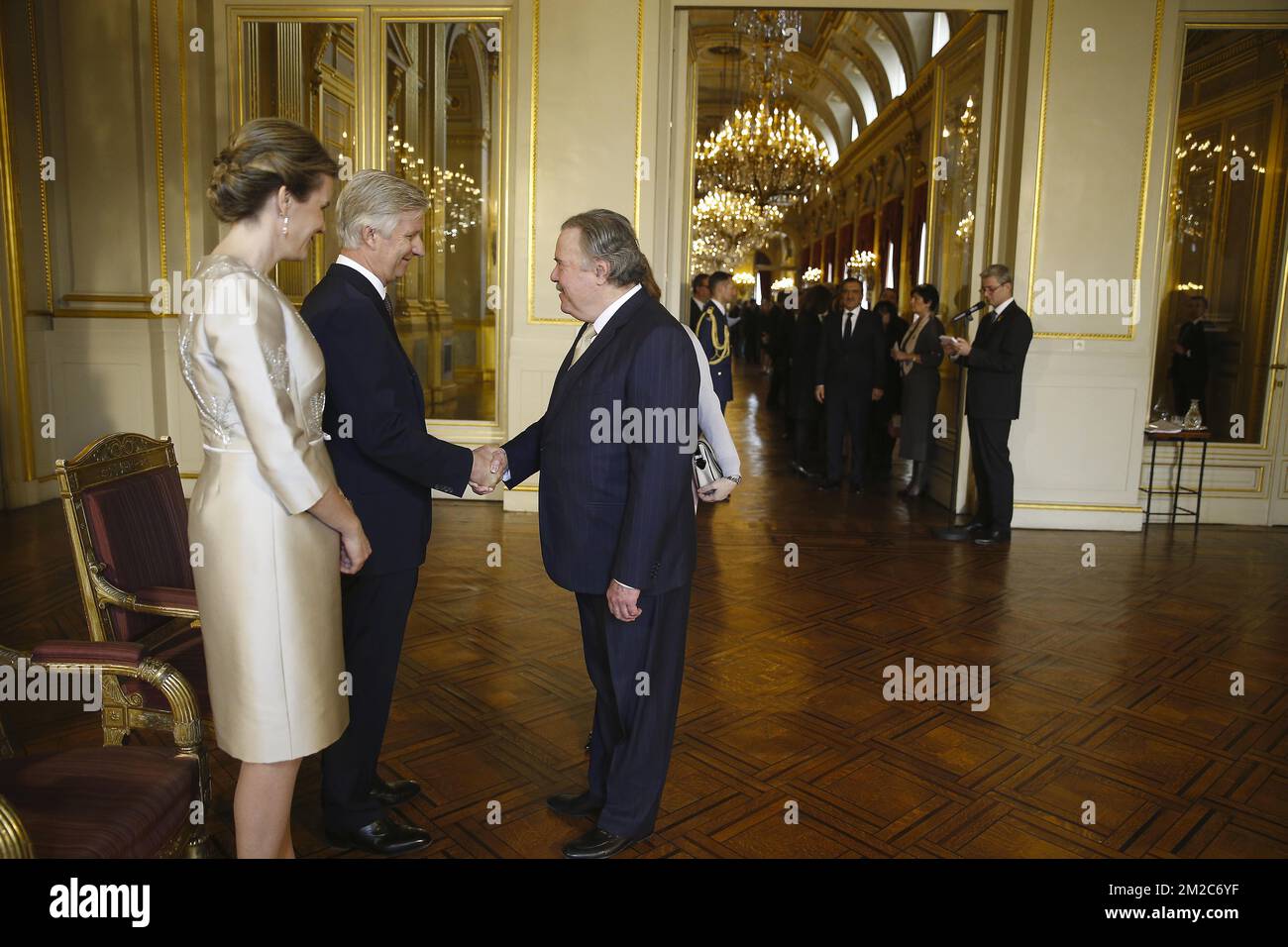 Reine Mathilde et Roi Philippe, Ambassadeur du Mexique Eloy Cantu Segovia photographié lors d'une réception du nouvel an organisée par la famille royale à l'intention des diplomates étrangers et des chefs de mission (ambassadeurs et consuls) , accrédités à Bruxelles, au Palais Royal, à Bruxelles, le mardi 16 janvier 2018. BELGA PHOTO NICOLAS MATERLINCK Banque D'Images