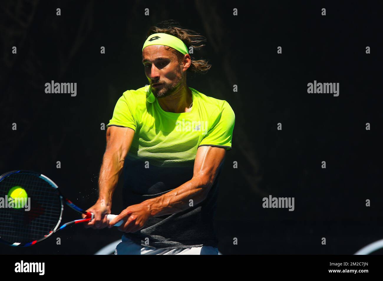 Le Belge Ruben Bemelmans joue pour perdre un match de tennis entre le géorgien Nikoloz Basilashvili (ATP 61) et le belge Ruben Bemelmans (ATP 117), lors du deuxième tour du tournoi de singles masculin au Grand Chelem de tennis « Australian Open », le mercredi 17 janvier 2018 à Melbourne Park, Melbourne, Australie. Cette première grande slam de la saison aura lieu du 15 au 28 janvier. BELGA PHOTO PATRICK HAMILTON Banque D'Images