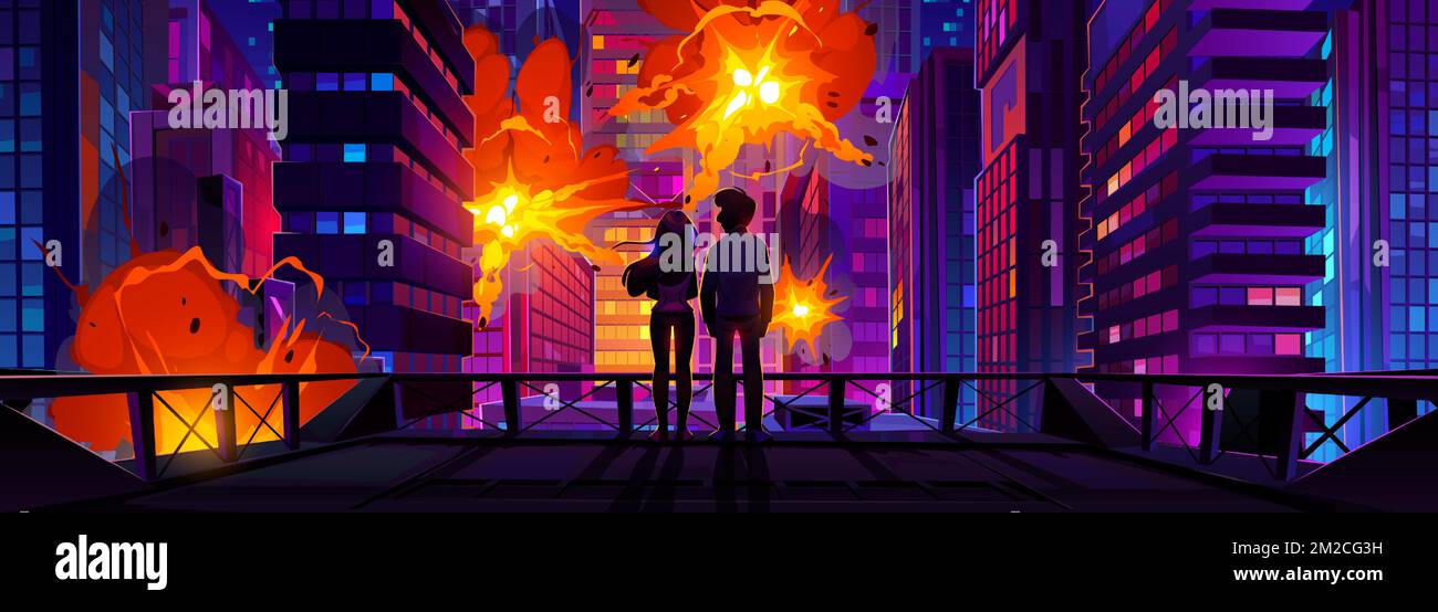 Silhouettes de couple regardant des explosions dans la ville. Vue sur le toit du paysage urbain nocturne avec gratte-ciels modernes endommagés par les explosions, le feu. Guerre, attaque ennemie détruisant des bâtiments. Illustration de dessin animé vectoriel Illustration de Vecteur