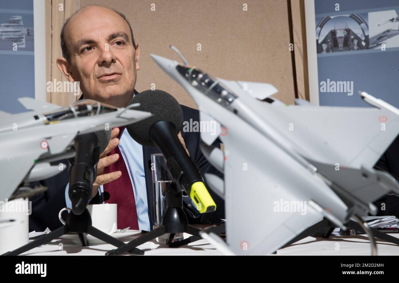 Eric Trappier, PDG de Dassault Aviation, photographié lors d'une réunion de presse avec le constructeur français Dassault Aviation sa, mardi 13 février 2018 à Bruxelles. BELGA PHOTO BENOIT DOPPAGNE Banque D'Images