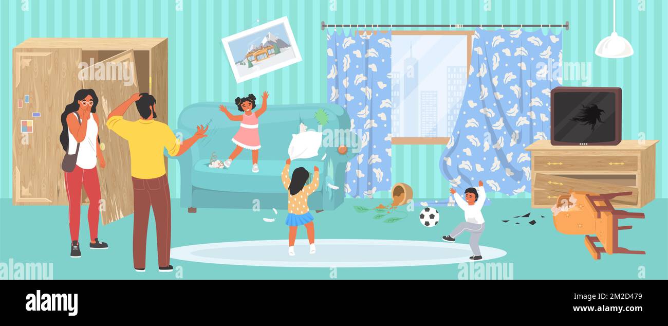 Enfants méchants et espiègles dans un vecteur de pièce désordonné Illustration de Vecteur