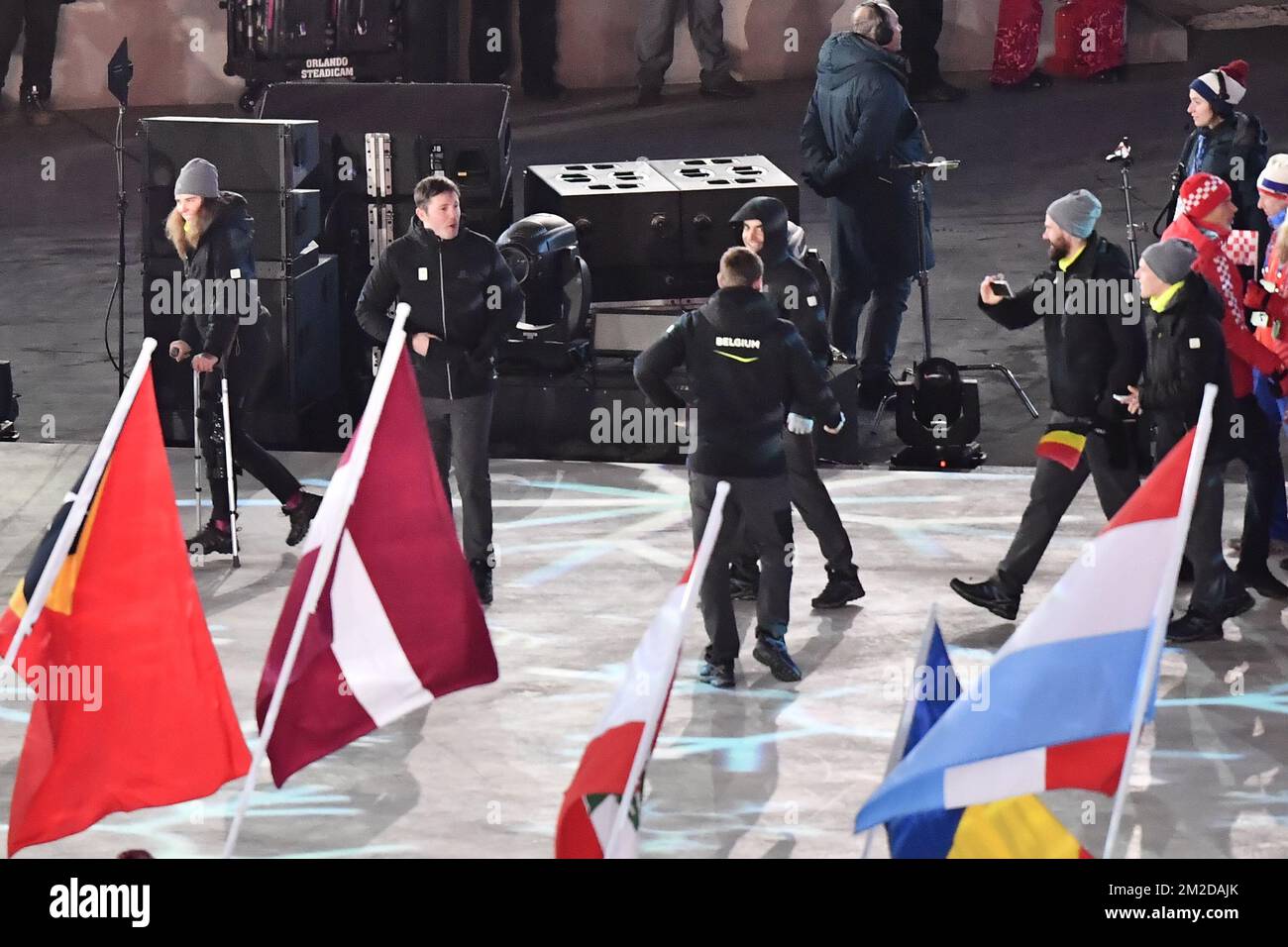 Les athlètes belges photographiés lors de la cérémonie de clôture le dernier jour des XXIII Jeux Olympiques d'hiver, dimanche 25 février 2018, à Pyeongchang, Corée du Sud. Les Jeux Olympiques d'hiver se tiendront du 9 au 25 février dans le comté de Pyeongchang, en Corée du Sud. BELGA PHOTO DIRK WAEM Banque D'Images