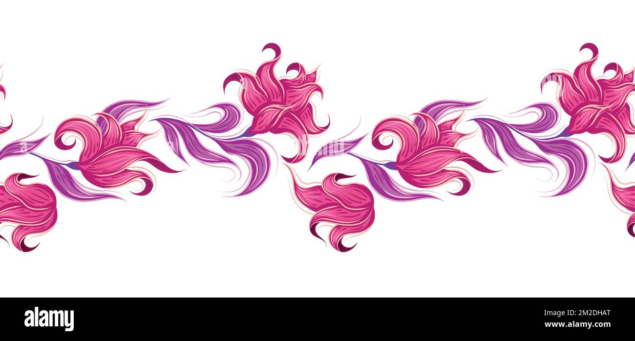 Bordure horizontale vectorielle avec des fleurs fantastiques isolées de l'arrière-plan. Frise de fleurs de conte de fées. Cadre orné de superbes fleurs roses courbés Illustration de Vecteur