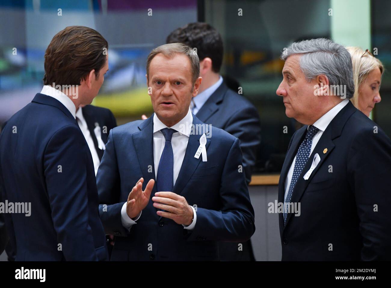 Le ministre autrichien des Affaires étrangères, Sebastian Kurz, le président du Conseil européen, Donald Tusk, et le président du Parlement européen, Antonio Tajani, ont pris la photo lors d'une réunion au sommet de l'UE, le jeudi 22 mars 2018, au siège de l'Union européenne à Bruxelles. BELGA PHOTO POOL FREDERIC SIERAKOWSKI Banque D'Images