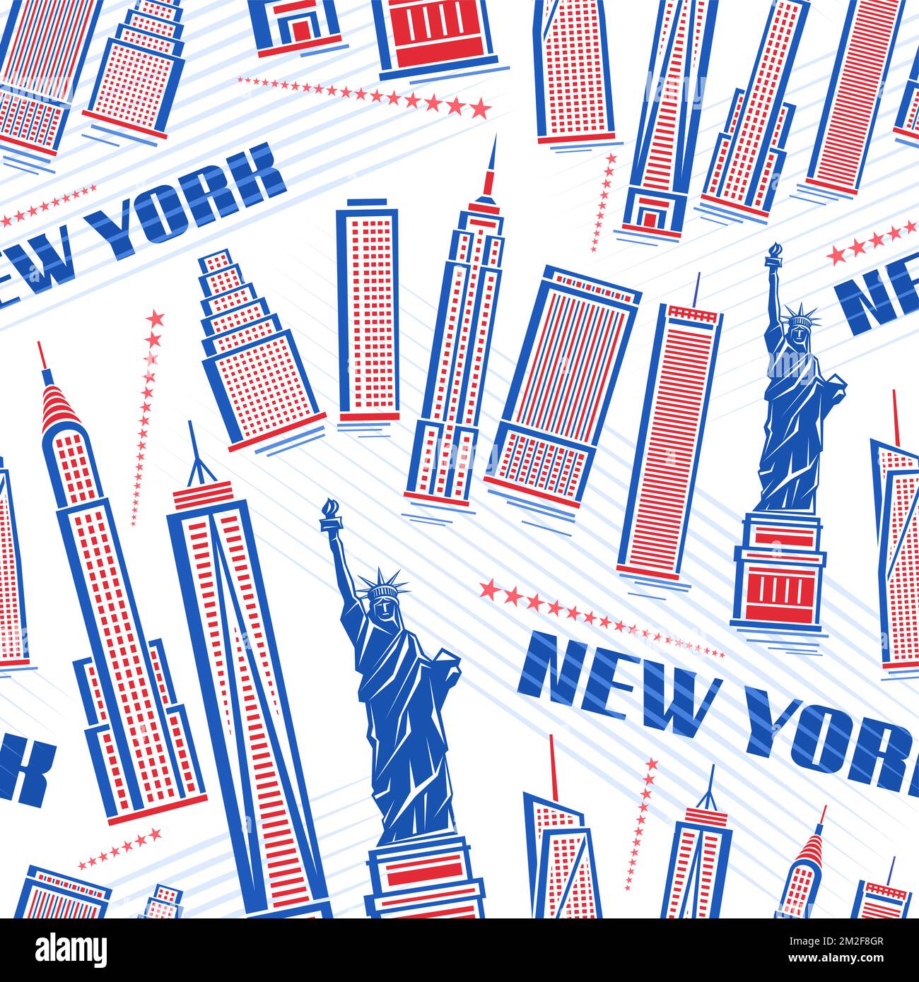 Motif vectoriel New York sans couture, fond carré avec illustration de bâtiments de dessin animé rouges et statue de la liberté sur fond blanc, Illustration de Vecteur