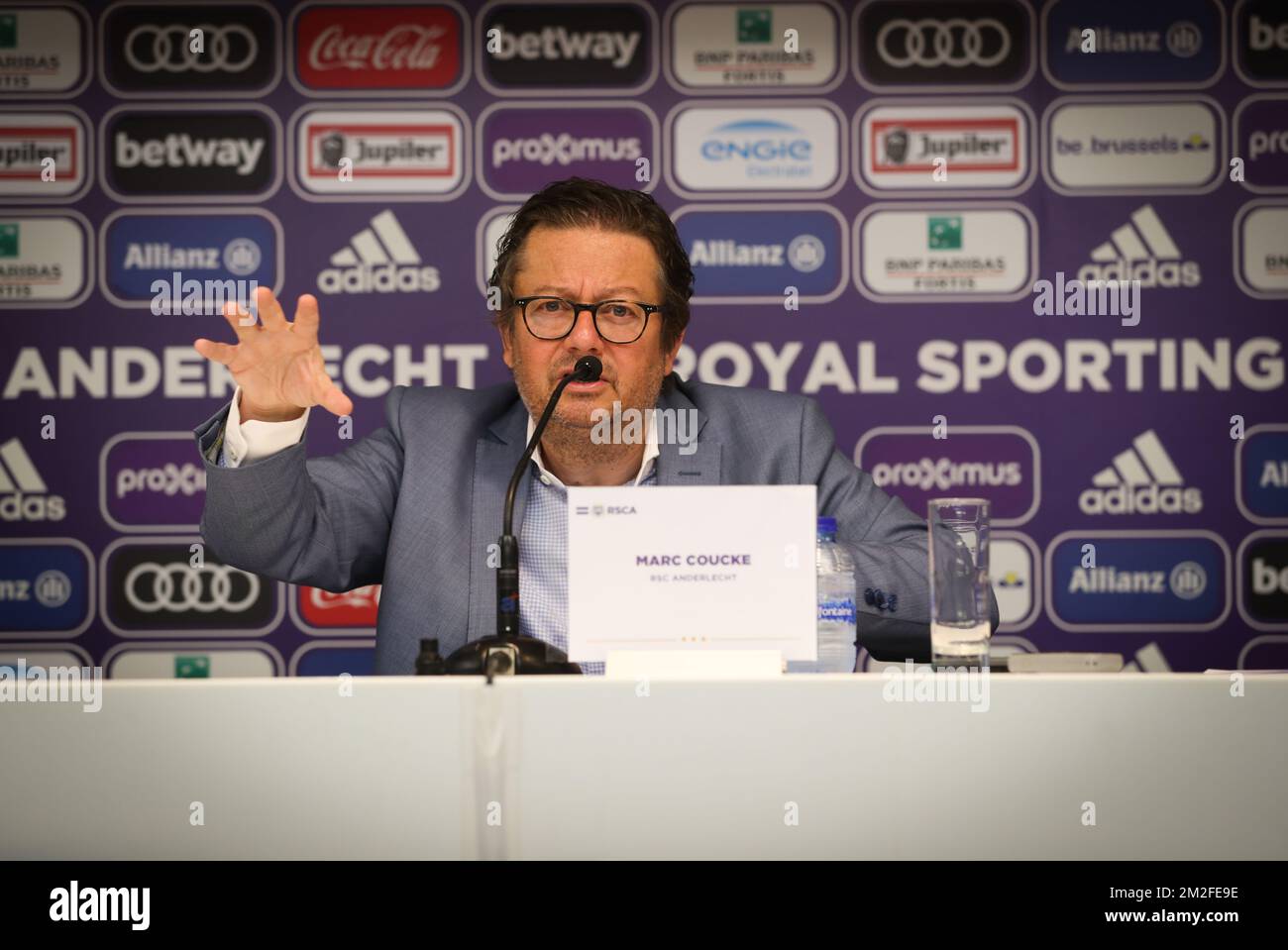 Le président d'Anderlecht, Marc Coucke, a été photographié lors d'une conférence de presse de l'équipe de la Jupiler Pro League, RSC Anderlecht, à Anderlecht, Bruxelles, le mercredi 23 mai 2018. BELGA PHOTO VIRGINIE LEFOUR Banque D'Images