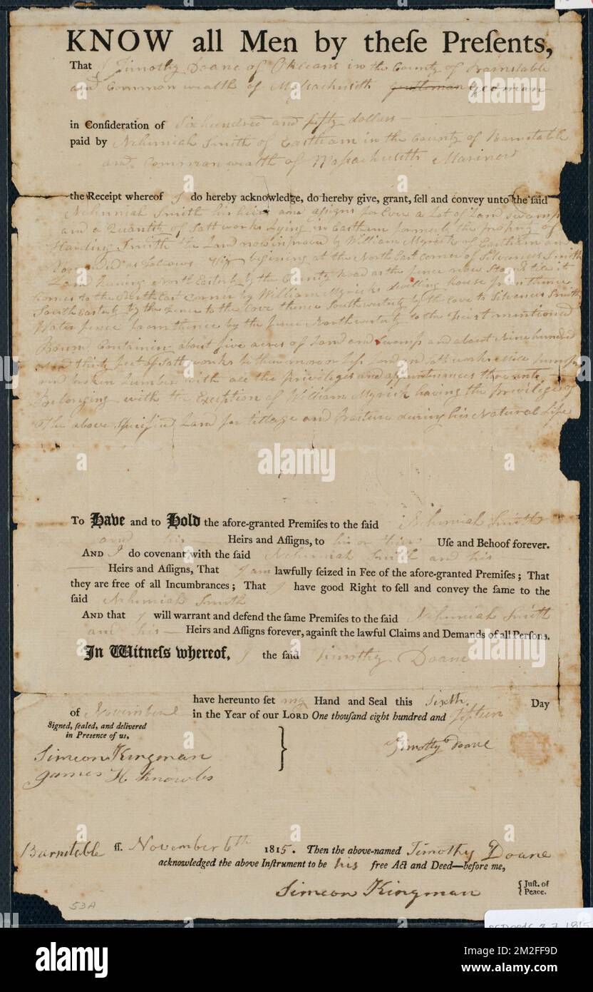 Acte de propri??t?? ?? Eastham vendu ?? Nehemiah Smith de Eastham par