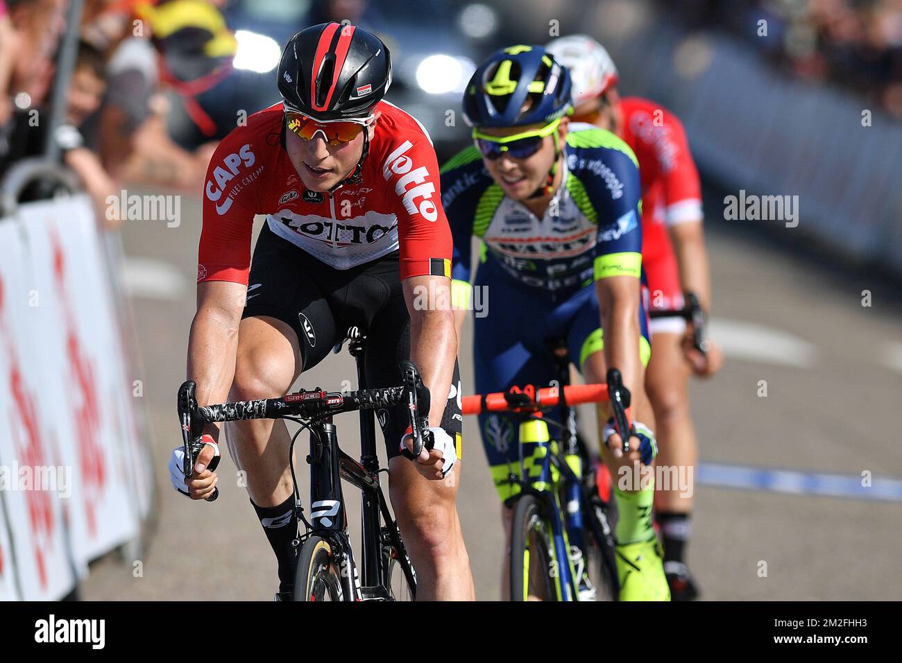 Le Belge Jens Keukeleire de Lotto Soudal traverse la ligne d'arrivée de la quatrième étape de la course cycliste Baloise Belgium Tour, 151,4km de Wanze à Wanze, samedi 26 mai 2018. BELGA PHOTO DAVID STOCKMAN Banque D'Images