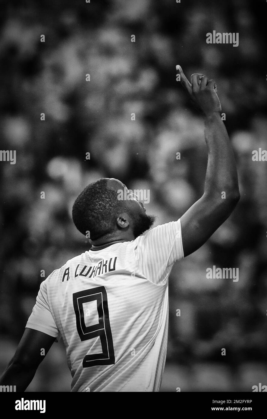 Le Romelu Lukaku de Belgique célèbre après avoir marqué un match de football amical entre l'équipe nationale belge les Red Devils et le Costa Rica, le lundi 11 juin 2018, à Bruxelles. Les deux équipes préparent la prochaine coupe du monde de la FIFA 2018 en Russie. BELGA PHOTO VIRGINIE LEFOUR Banque D'Images