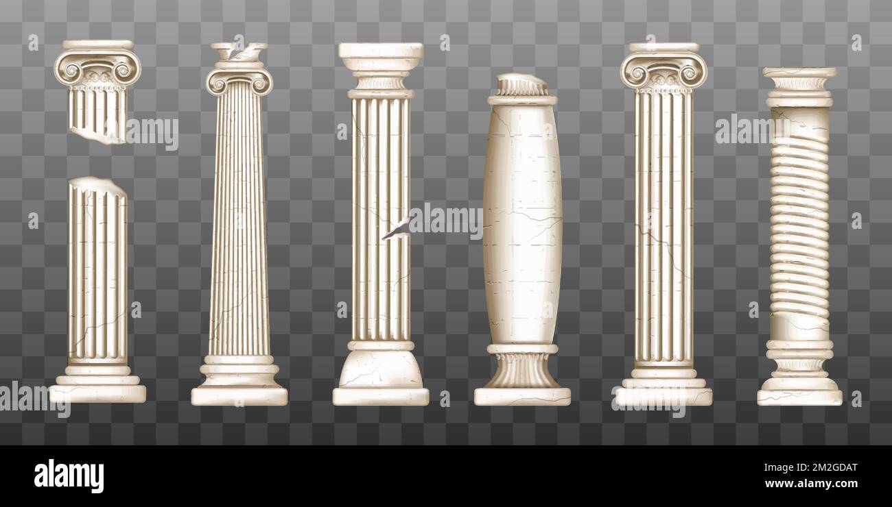 Colonnes romaines anciennes, architecture baroque en marbre. Vecteur réaliste vieux brisés piliers grecs anciens avec des capitales dans le style doric, corinthien, ionique et toscan isolé sur fond transparent Illustration de Vecteur