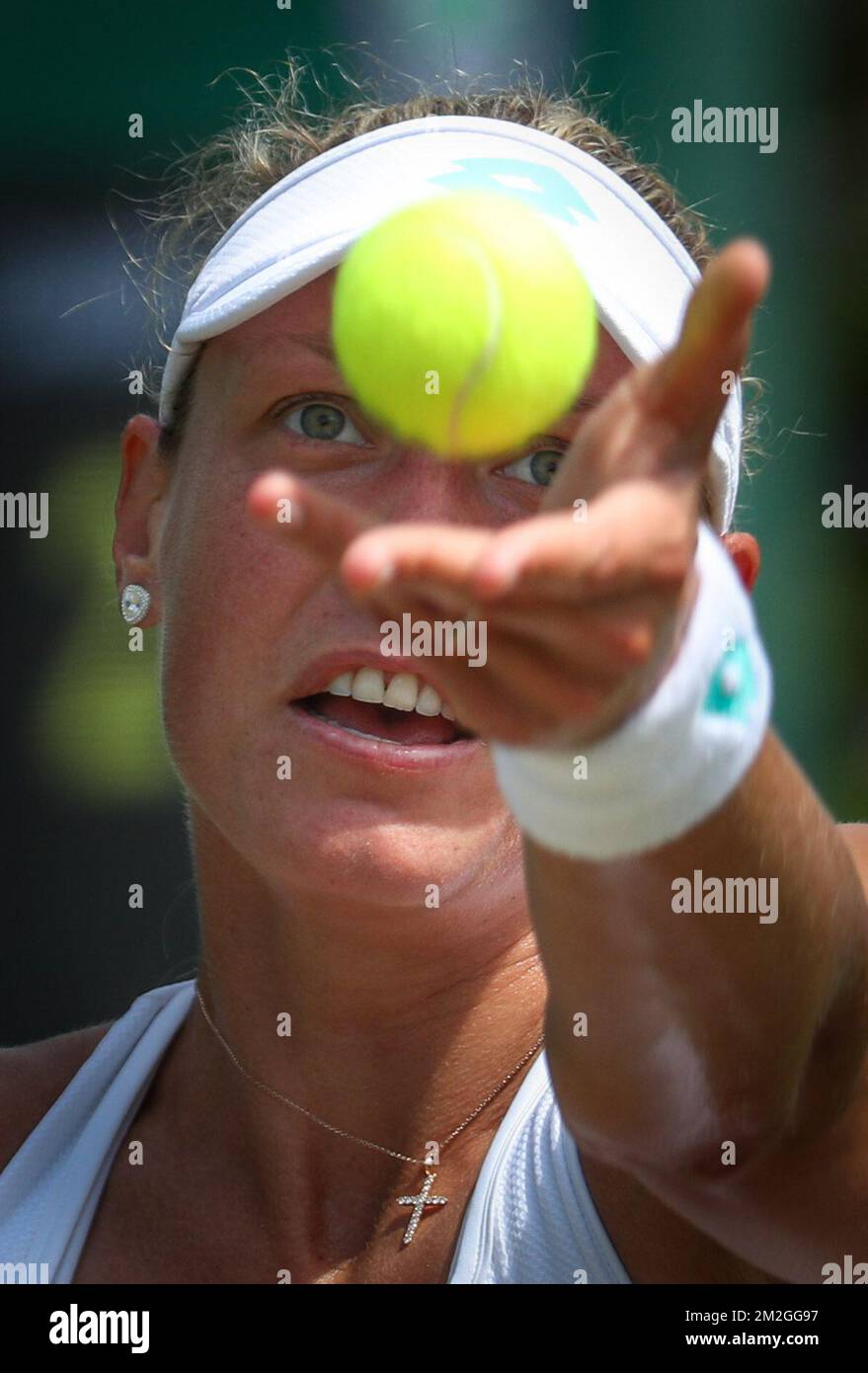 Belge Yanina Wickmayer photographié en action lors d'un match de tennis entre Belge Yanina Wickmayer (WTA 102) et German Andrea Petkovic (WTA 95), lors du deuxième tour des femmes célibataires au tournoi de tennis de Wimbledon Grand Chelem 2018 au All England tennis Club, dans le sud-ouest de Londres, en Grande-Bretagne, Mercredi 04 juillet 2018. BELGA PHOTO VIRGINIE LEFOUR Banque D'Images