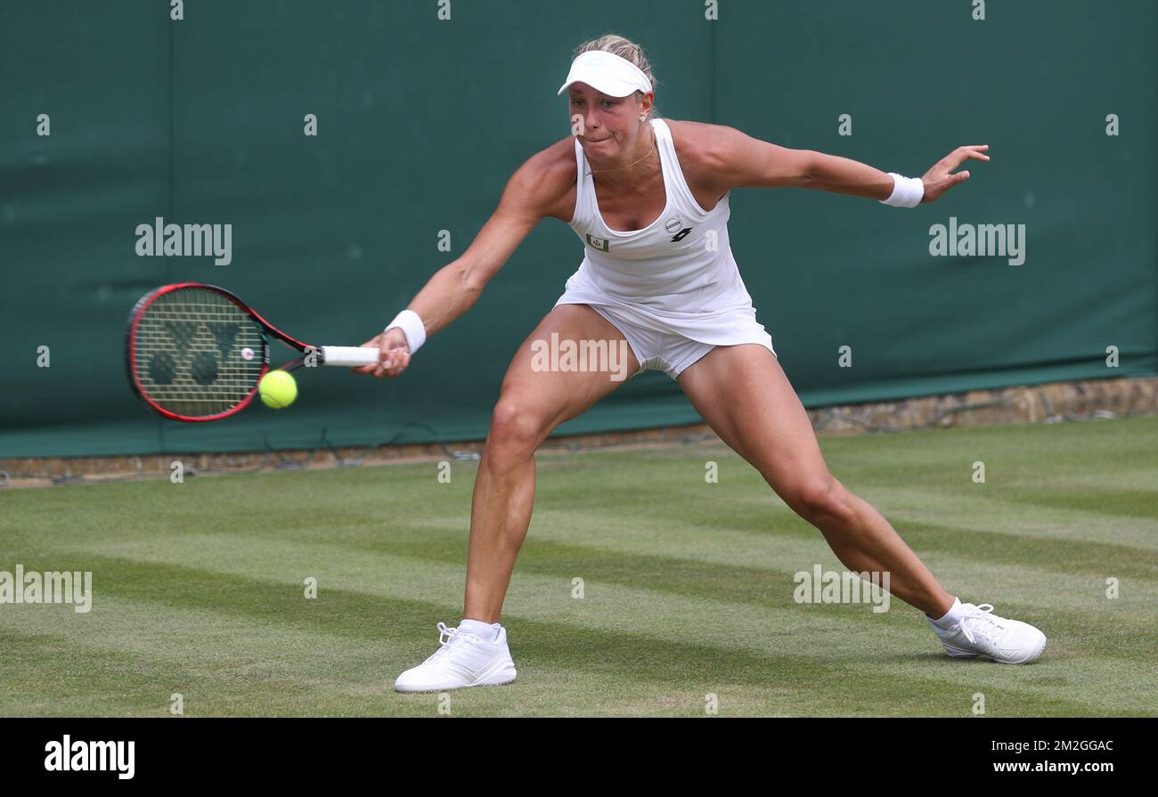 Belge Yanina Wickmayer photographié en action lors d'un match de tennis entre Belge Yanina Wickmayer (WTA 102) et German Andrea Petkovic (WTA 95), lors du deuxième tour des femmes célibataires au tournoi de tennis de Wimbledon Grand Chelem 2018 au All England tennis Club, dans le sud-ouest de Londres, en Grande-Bretagne, Mercredi 04 juillet 2018. BELGA PHOTO VIRGINIE LEFOUR Banque D'Images