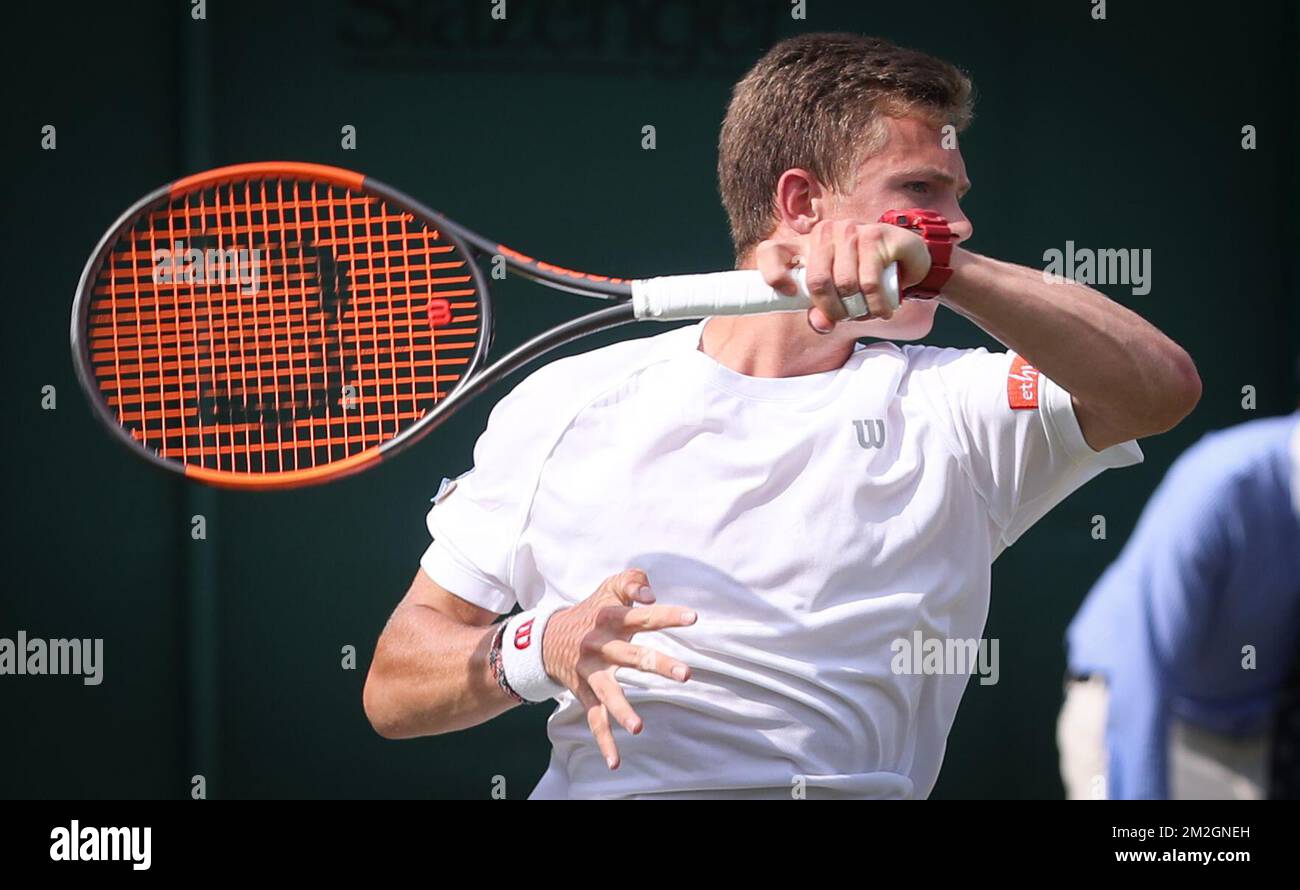Belge Arnaud Bovy photographié en action lors d'un match de tennis entre Belge Arnaud Bovy et American Keenan Mayo, dans la première partie des garçons célibataires au tournoi de tennis Grand Chelem de Wimbledon 2018 au All England tennis Club, dans le sud-ouest de Londres, en Grande-Bretagne, le lundi 09 juillet 2018. BELGA PHOTO VIRGINIE LEFOUR Banque D'Images