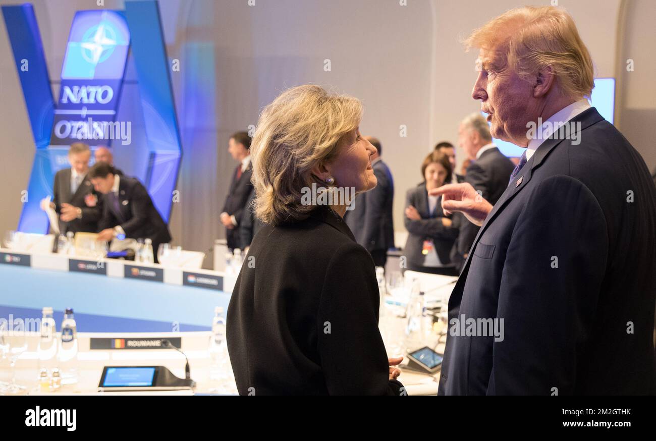 Roumanie le Premier ministre Viorica Dancila et le président des États-Unis Donald Trump ont pris la photo avant un dîner au parc du Cinquantenaire - parc Jubelpark à Bruxelles, pour les participants à un sommet de l'OTAN (Organisation du Traité de l'Atlantique Nord), le mercredi 11 juillet 2018. BELGA PHOTO BENOIT DOPPAGNE Banque D'Images