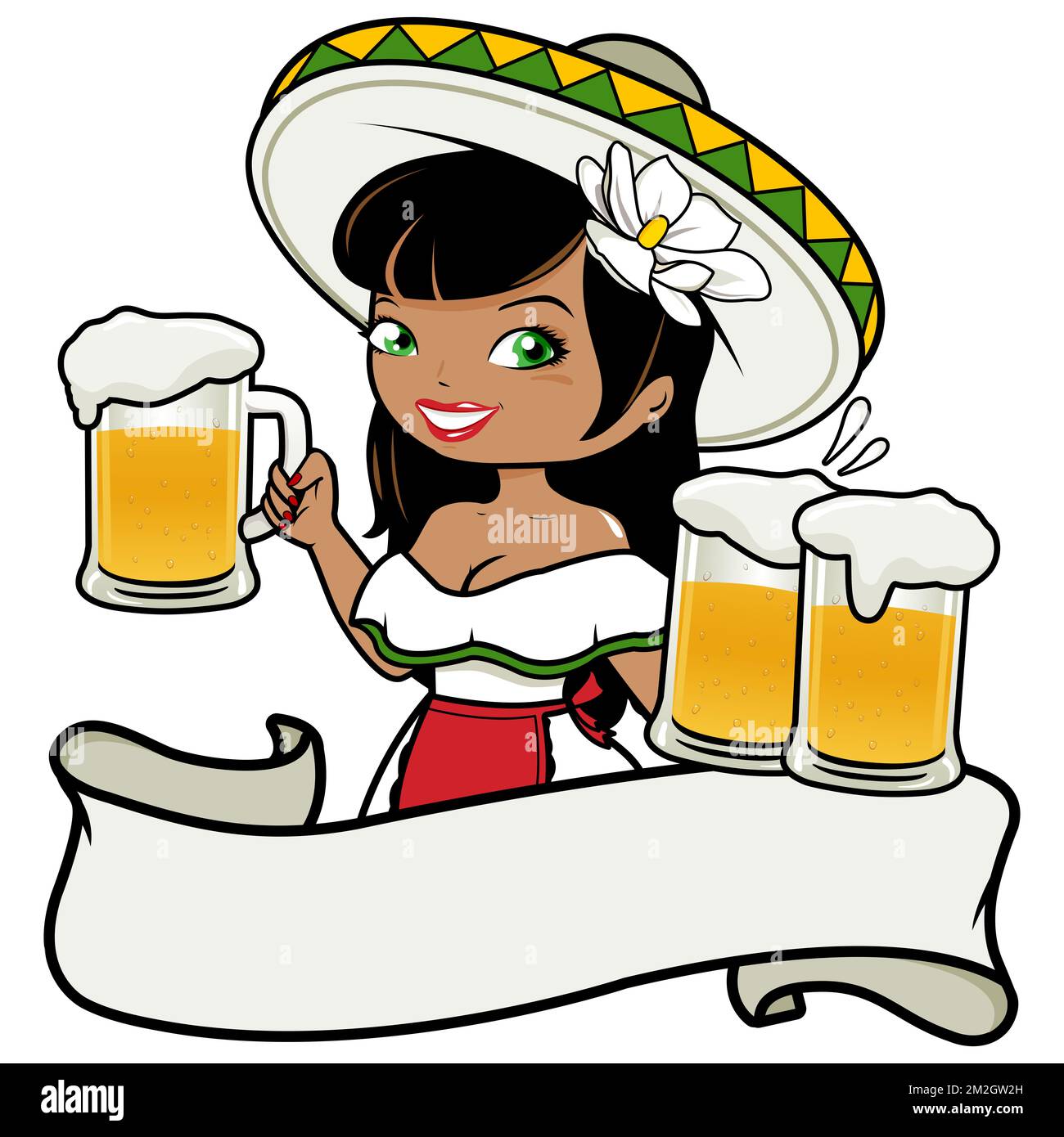Bannière vierge avec une serveuse mexicaine servant de la bière. Banque D'Images