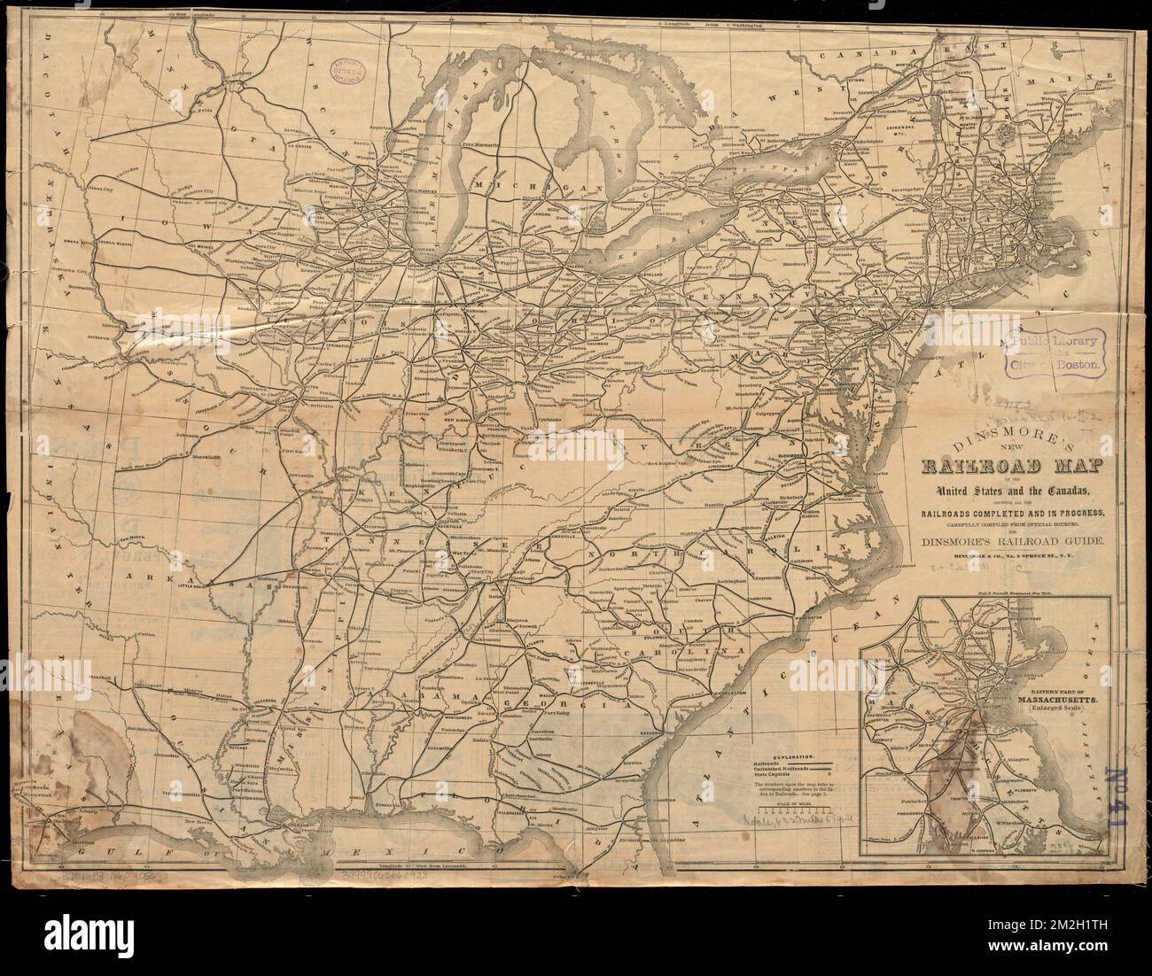 La nouvelle carte des chemins de fer de Dinsmore des États-Unis et des Canadas, montrant tous les chemins de fer achevés et en cours, soigneusement compilés à partir de sources officielles, pour le guide des chemins de fer de Dinsmore, chemins de fer, Canada, cartes, chemins de fer, Etats-Unis, cartes, chemins de fer, Massachusetts, cartes, Canada, cartes, États-Unis, cartes Norman B. Leventhal Map Center Collection Banque D'Images