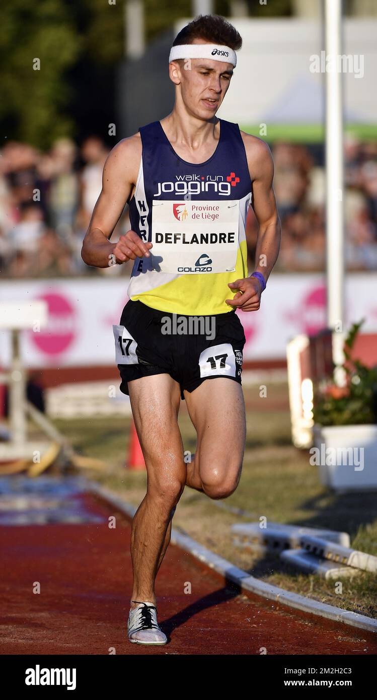 Le Belge Clement Deflandere en action lors de la course de poursuite masculine de 3000m steeple, lors de l'édition 17th de la rencontre d'athlétisme "Meeting International d'Athlétisme de la province de Liège", à Liège, le mercredi 18 juillet 2018. BELGA PHOTO ERIC LALMAND Banque D'Images