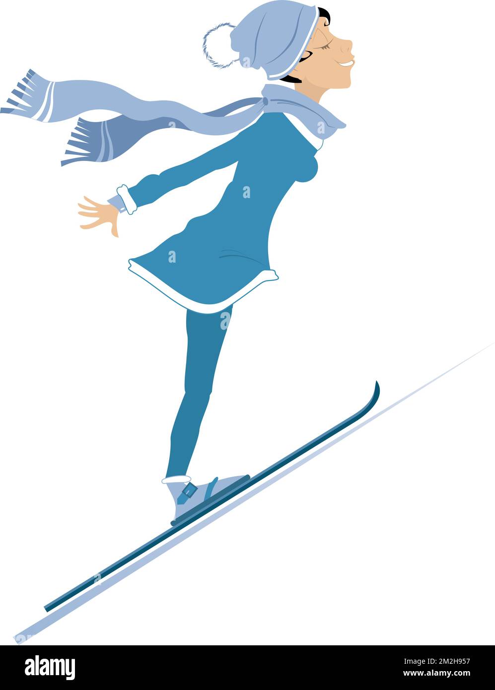 Jeune femme un pull de ski. Sports d'hiver. Jeune femme saut à ski. Isolé sur fond blanc Illustration de Vecteur