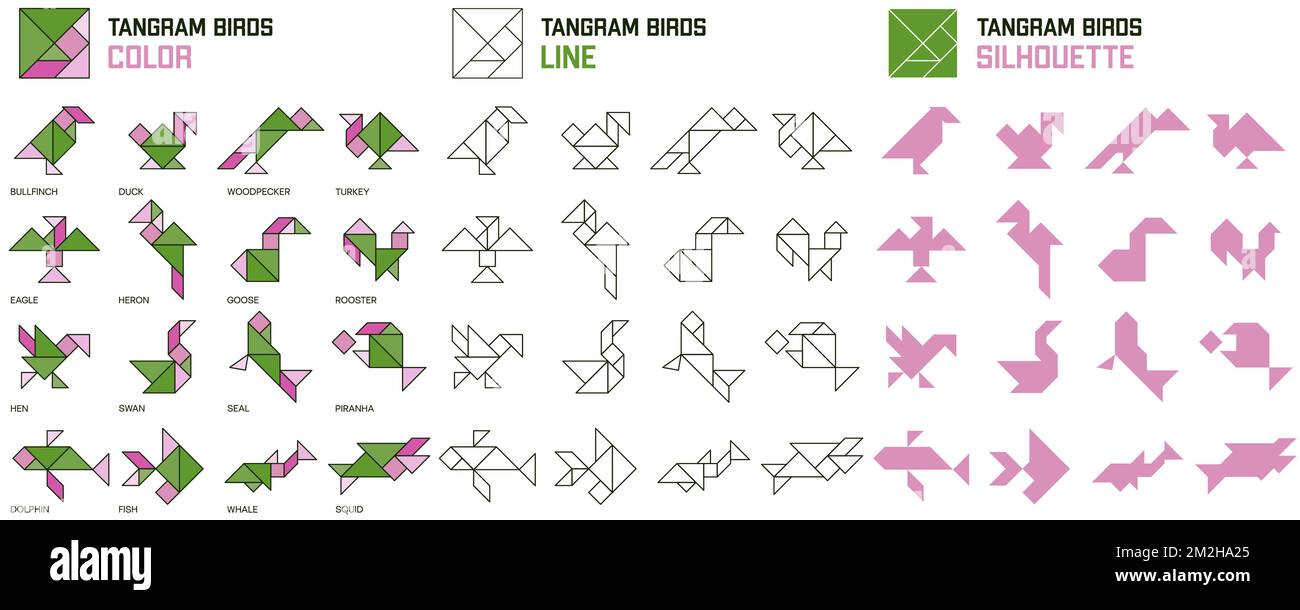 Puzzle Tangram pour enfants. Ensemble d'oiseaux de tango. Illustration de Vecteur