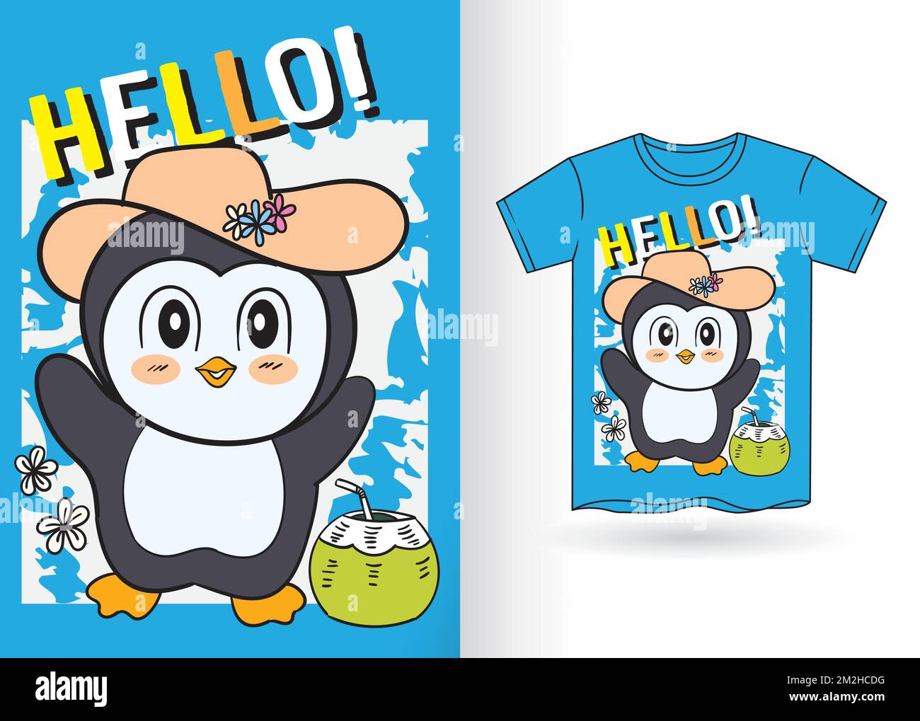 Joli pingouin dessiné à la main pour t-shirt avec gabarit Illustration de Vecteur