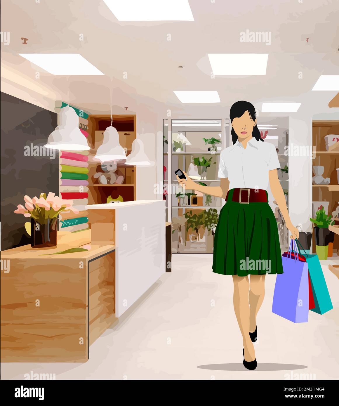 Dame avec des achats à l'intérieur du magasin. Illustration du vecteur de couleur 3D Illustration de Vecteur