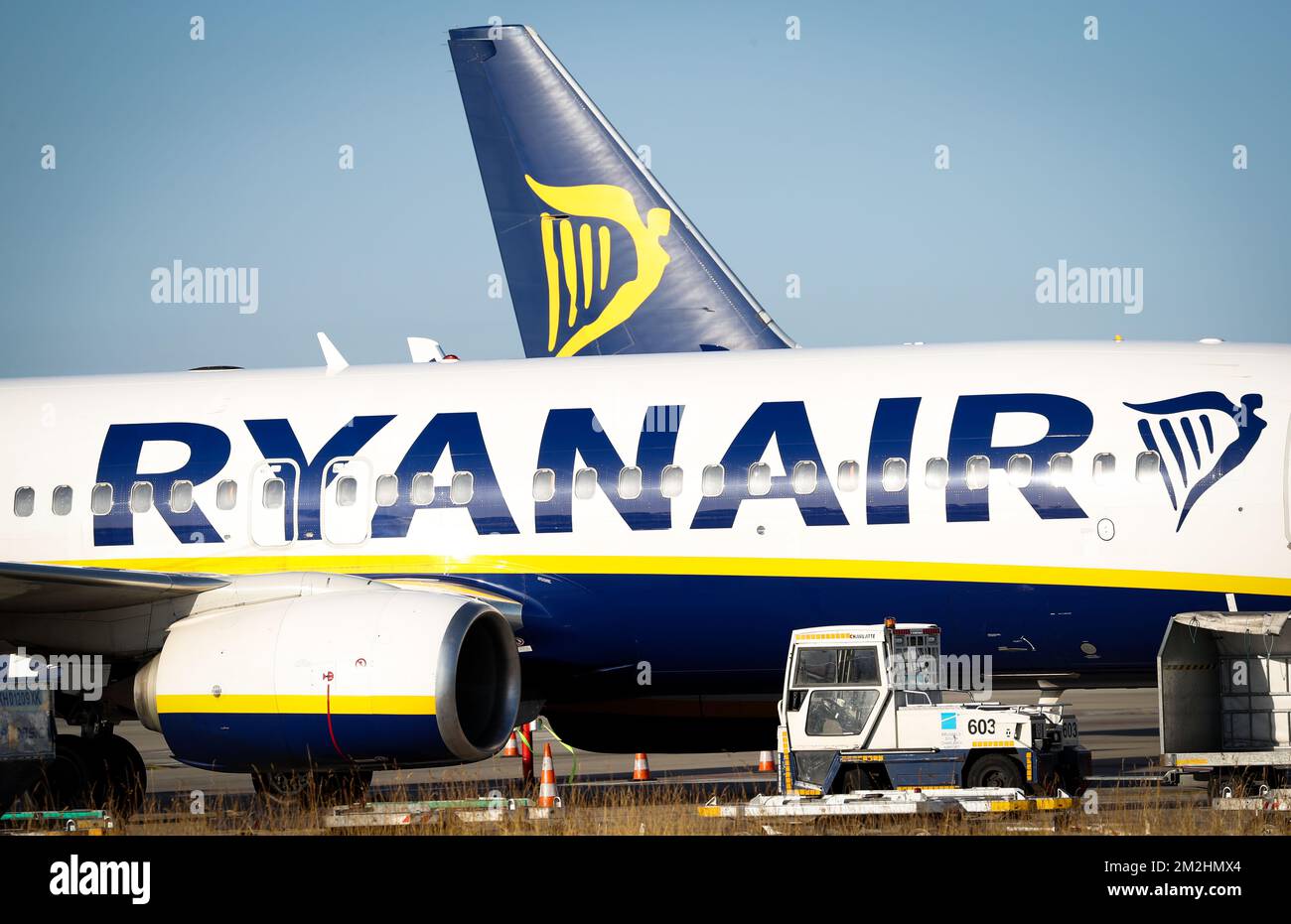 L'illustration montre des avions de Ryanair lors d'une grève des pilotes de la compagnie aérienne irlandaise à bas prix Ryanair en Belgique, le vendredi 10 août 2018 à l'aéroport de Charleroi (Bruxelles-Sud). Des pilotes de plusieurs pays, dont l'Allemagne, la Suède et les pays-Bas, sont en grève pour de meilleurs droits et la reconnaissance d'un syndicat. BELGA PHOTO VIRGINIE LEFOUR Banque D'Images