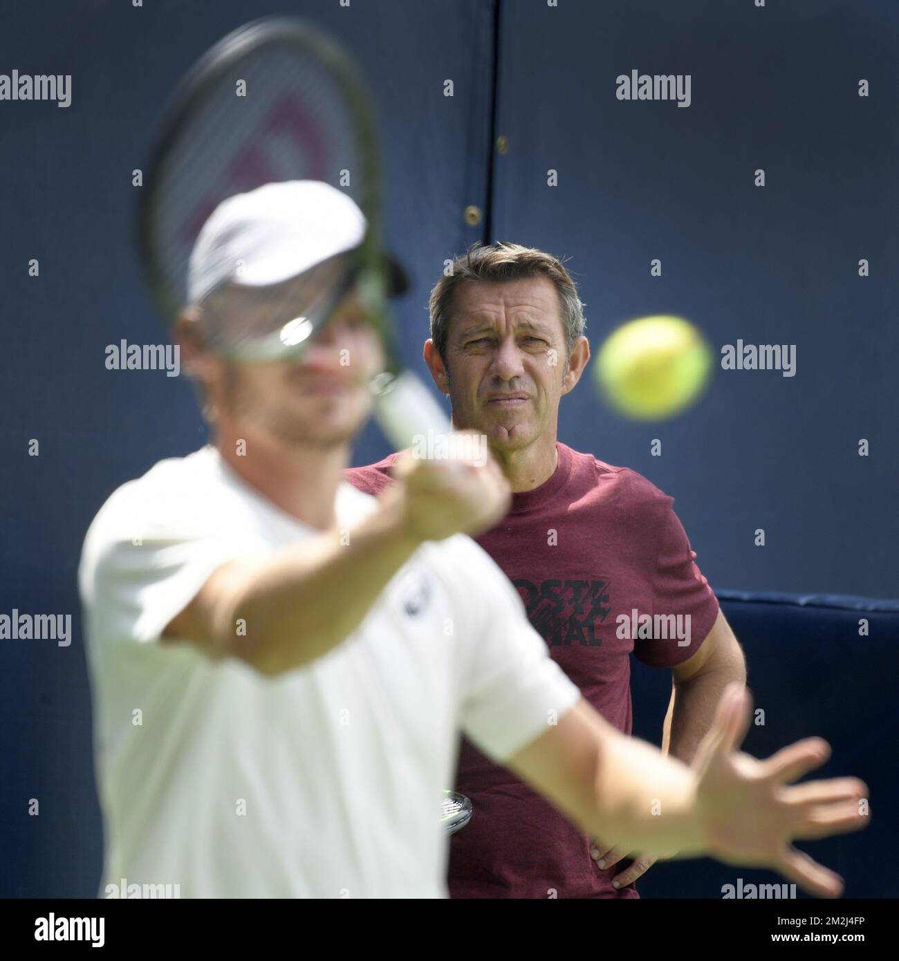 Le Belge David Goffin et l'entraîneur de Goffin Thierry Van Cleemput photographiés lors d'une séance d'entraînement avant le tournoi de tennis américain Open Grand Chelem 118th, à Flushing Meadow, à New York City, États-Unis, le vendredi 24 août 2018. BELGA PHOTO YORICK JANSENS Banque D'Images