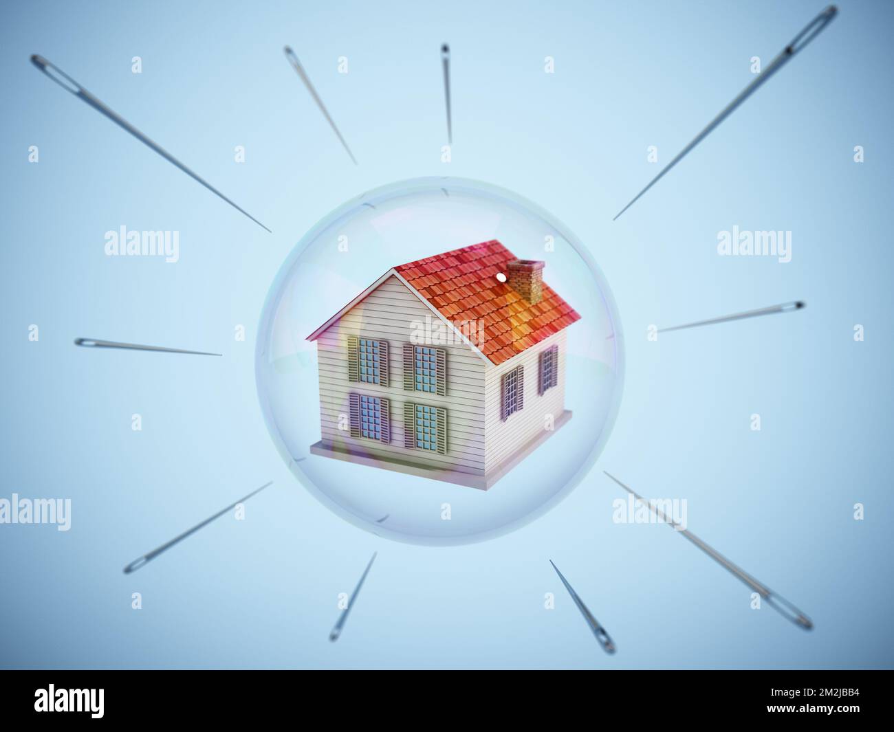 Les aiguilles entourant la maison à l'intérieur d'une bulle flottante. Bulle immobilière et concept à haut risque. 3D illustration. Banque D'Images