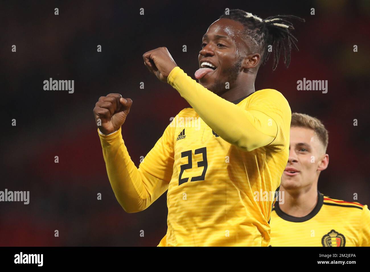 Michy Batshuayi, de Belgique, célèbre après avoir marqué son score lors d'un match de football amical entre l'Écosse et l'équipe nationale belge The Red Devils, à Glasgow, en Écosse, le vendredi 07 septembre 2018. BELGA PHOTO BRUNO FAHY Banque D'Images