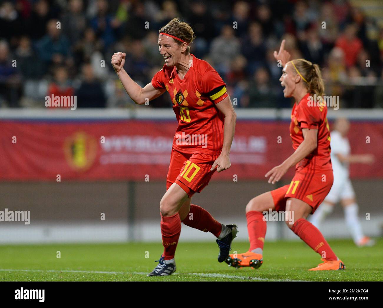 Aline Zeler, de Belgique, célèbre lors d'un match de football entre l'équipe nationale belge les flammes rouges et la Suisse, le vendredi 05 octobre 2018, à Louvain, la première partie des jeux de qualification pour les matchs de la coupe du monde 2019 pour femmes. BELGA PHOTO DAVID CATRY Banque D'Images