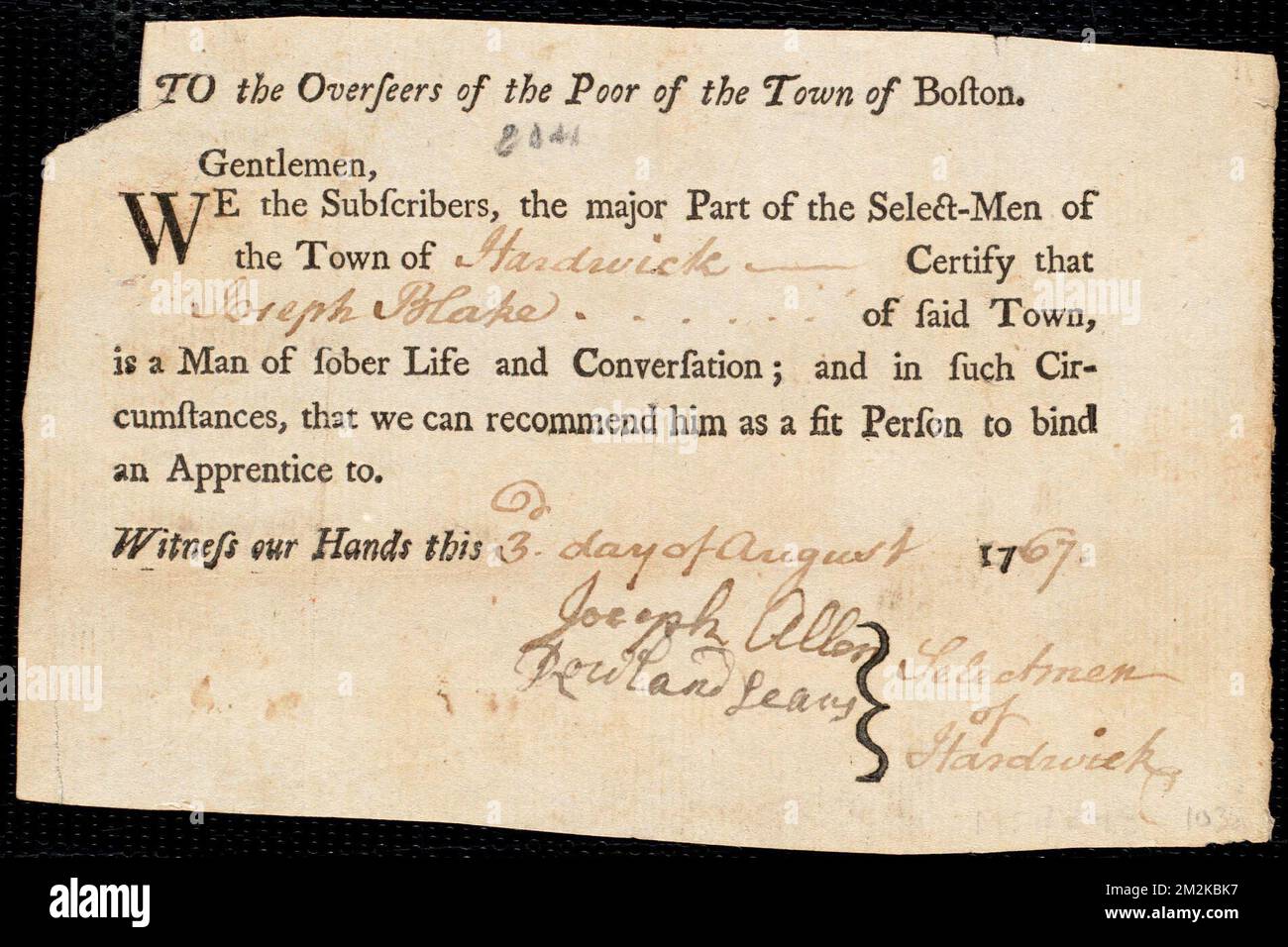 Document d'acte de fiducie : serviteur : Griffiths, Richard. Maître : Blake, Joseph. Ville de Maître: Hardwick. Selectmen de la ville de Hardwick document autographe signé aux Overseers des pauvres de la ville de Boston : certificat d'approbation pour Joseph Blake. , Domestiques, travail des enfants Banque D'Images
