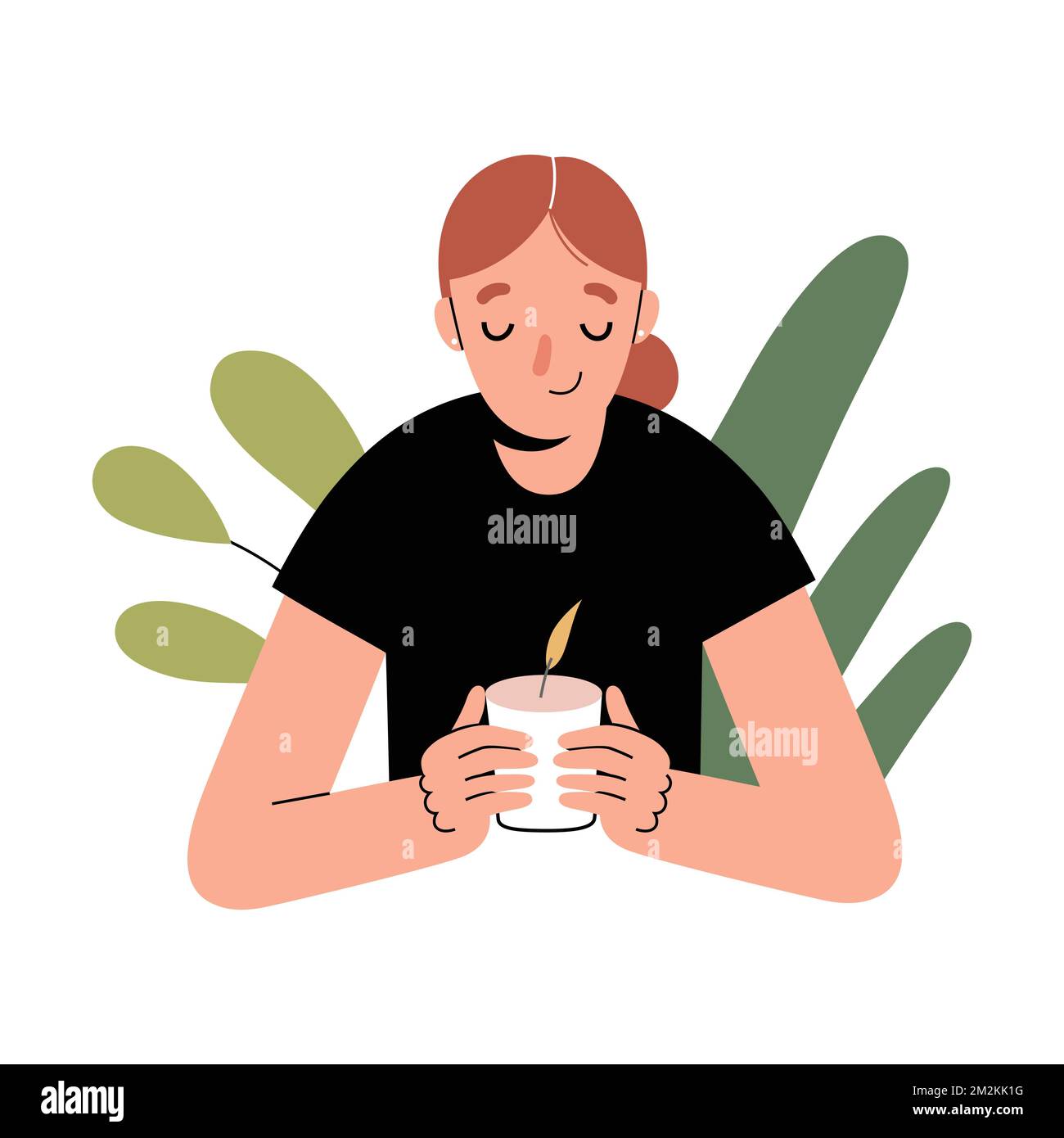 Femme souriante et détendue tenant une bougie lumineuse, une bougie parfumée sentant, aromathérapie maison. Illustration vectorielle plate Illustration de Vecteur