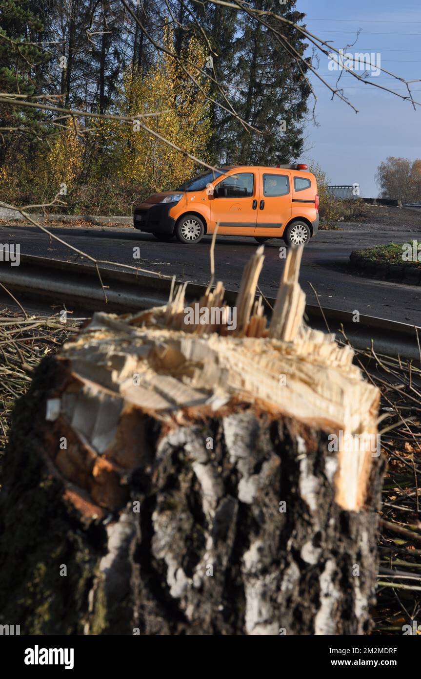 L'illustration montre un camion de la région wallonne alors que les travailleurs défrichent le bord de la route à l'entrée de Feluy Zoning qui est toujours bloquée par des trèches coupées après une protestation des gilets jaunes (gilets jaunes) près du chemin d'entrée de l'autoroute E19 à Feluy, Seneffe, mercredi 21 novembre 2018. Pendant deux jours, certaines personnes ont commis de la violence et bloqué la route, à marge de la manifestation contre la hausse du prix du carburant et du pétrole. L'autoroute est rouverte dans la journée mais une route pour entrer dans le zonage de Feluy est toujours bloquée par trois. BELGA PHOTO CAROLE HEYMANS Banque D'Images