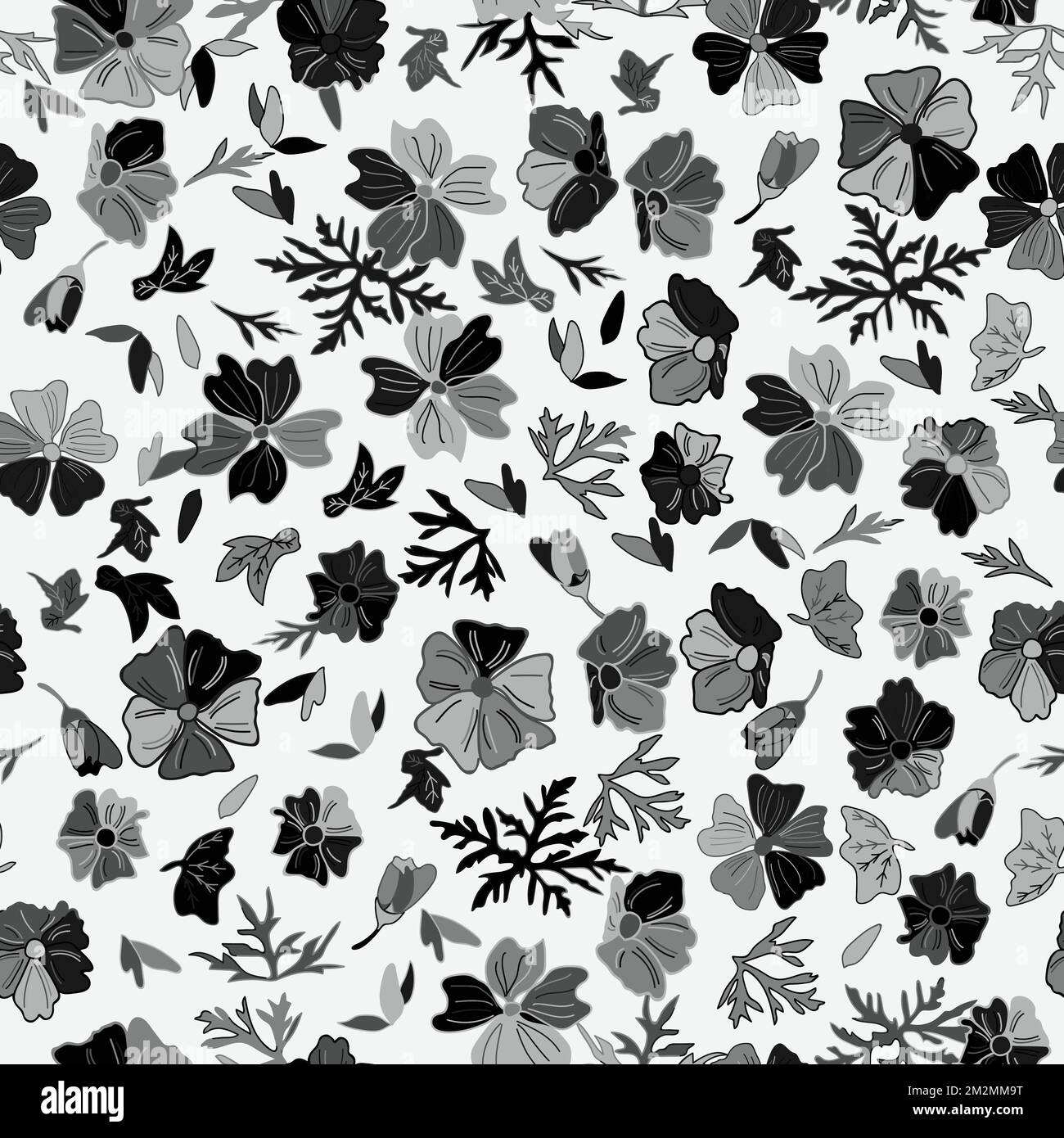 Motif floral noir et blanc sans couture. Arrière-plan vectoriel. Illustration du stock. Papier peint à motif fleuri dessiné à la main. Illustration de Vecteur