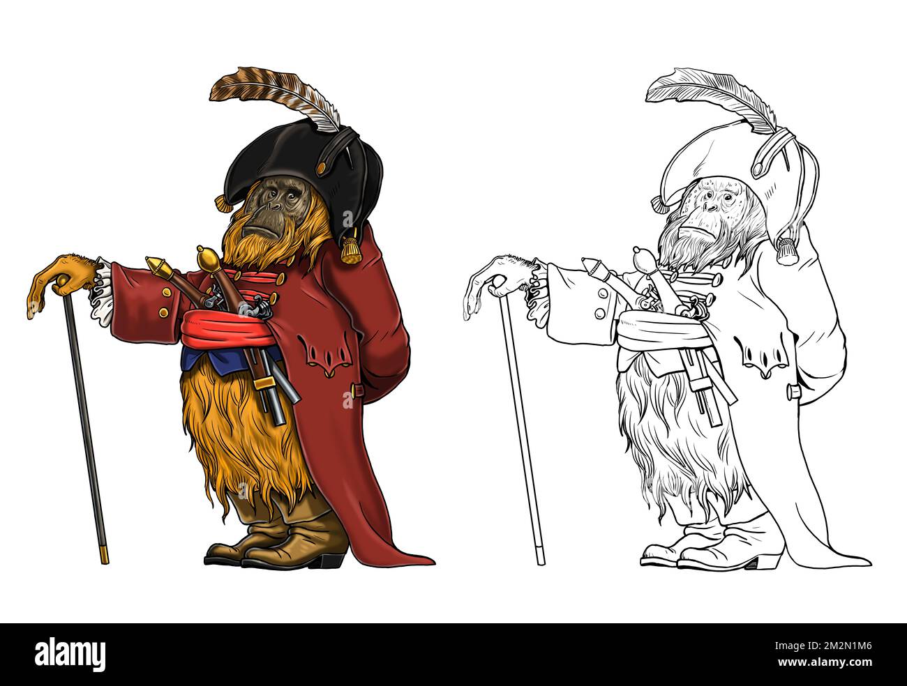 Orangutan avec la page de coloriage des pistolets. Illustration du livre de coloriage. Feuille de coloriage Monkey and singes pirates. Banque D'Images