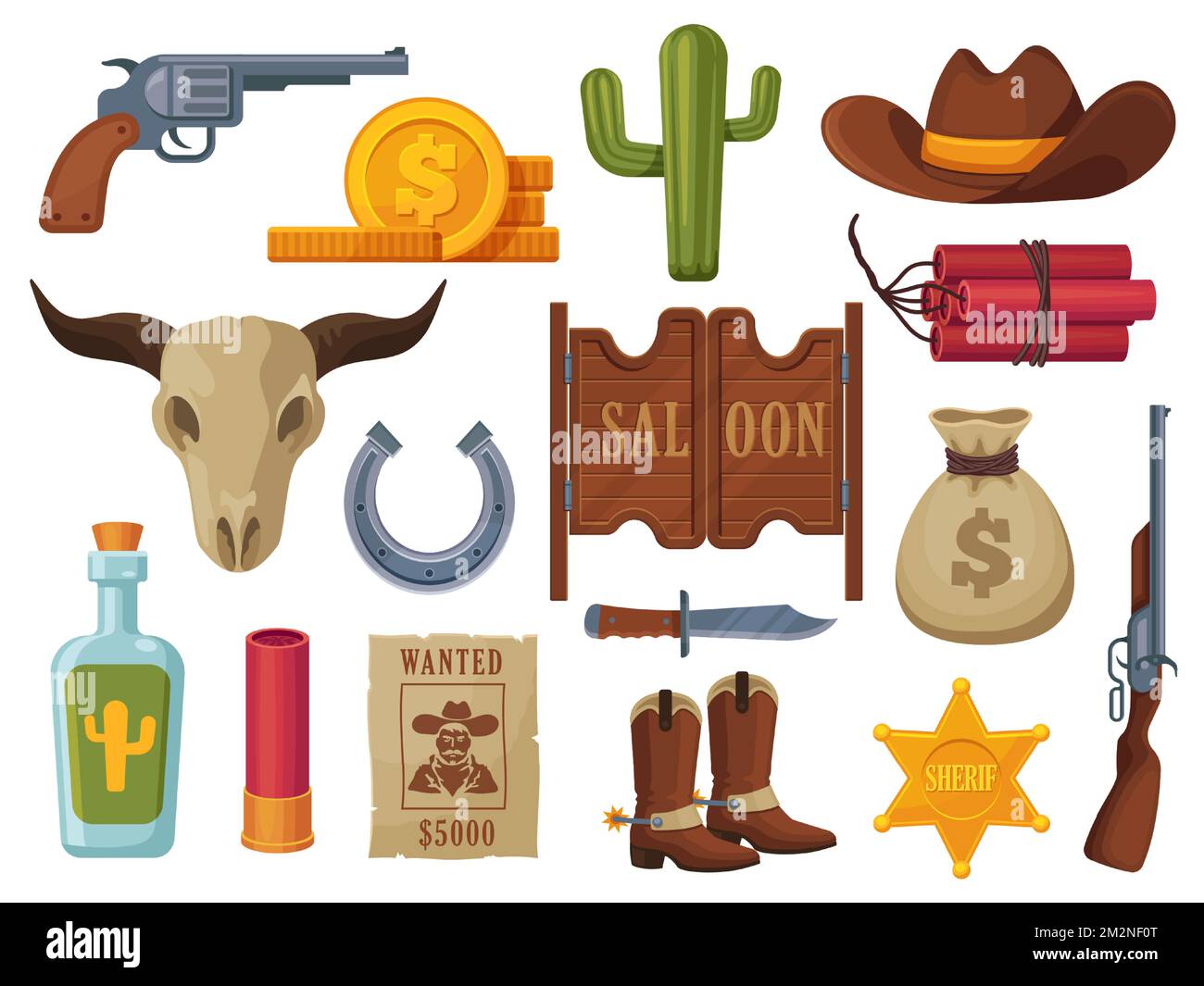 Collection Wild West. Icônes de dessin animé avec chapeau de cowboy cactus dynamite rodéo vache selle shérif star, mignon cowboy WESTERN autocollants. Ensemble vectoriel isolé Illustration de Vecteur