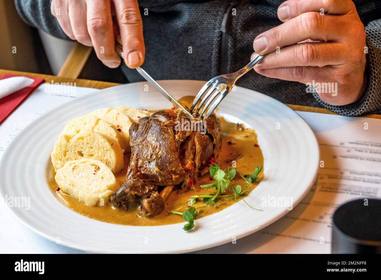 Cuisse de lièvre en sauce crémeuse aux légumes avec canneberges et boulonnage sur plaque blanche, partie de l'homme coupant la viande, restaurant. Banque D'Images