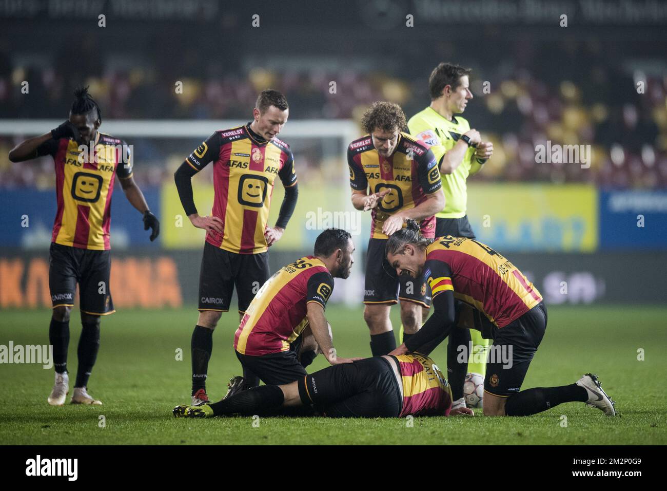 Gustav Engvall de Mechelen est blessé au sol lors d'un match de football entre KV Mechelen et Roeselare, le vendredi 18 janvier 2019 à Mechelen, le 22nd jour de la division Proximus League 1B du championnat belge de football. BELGA PHOTO JASPER JACOBS Banque D'Images