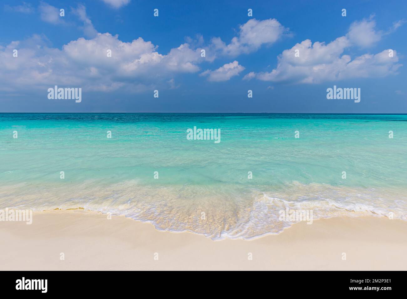 Ciel de sable de mer, concept de paysage de la nature. Île tropicale au bord de la mer, côte comme paysage de plage. Des vagues parfaites sur un horizon calme en bord de mer. Baie exotique de l'océan indien Banque D'Images