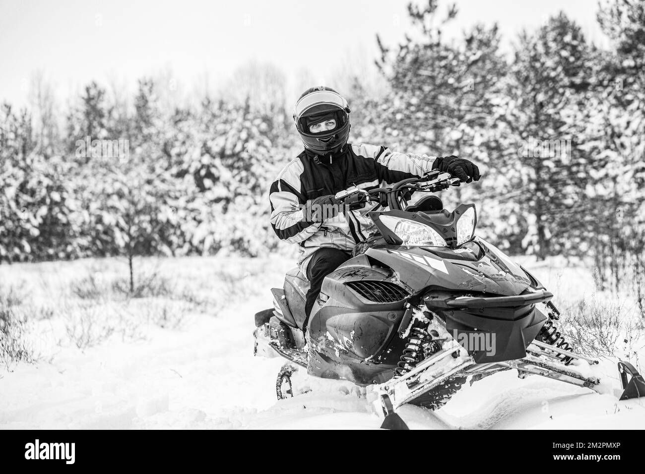 Un homme fait de la motoneige en montagne. Pilotez une motoneige sportive dans une forêt de montagne. Noir et blanc Banque D'Images