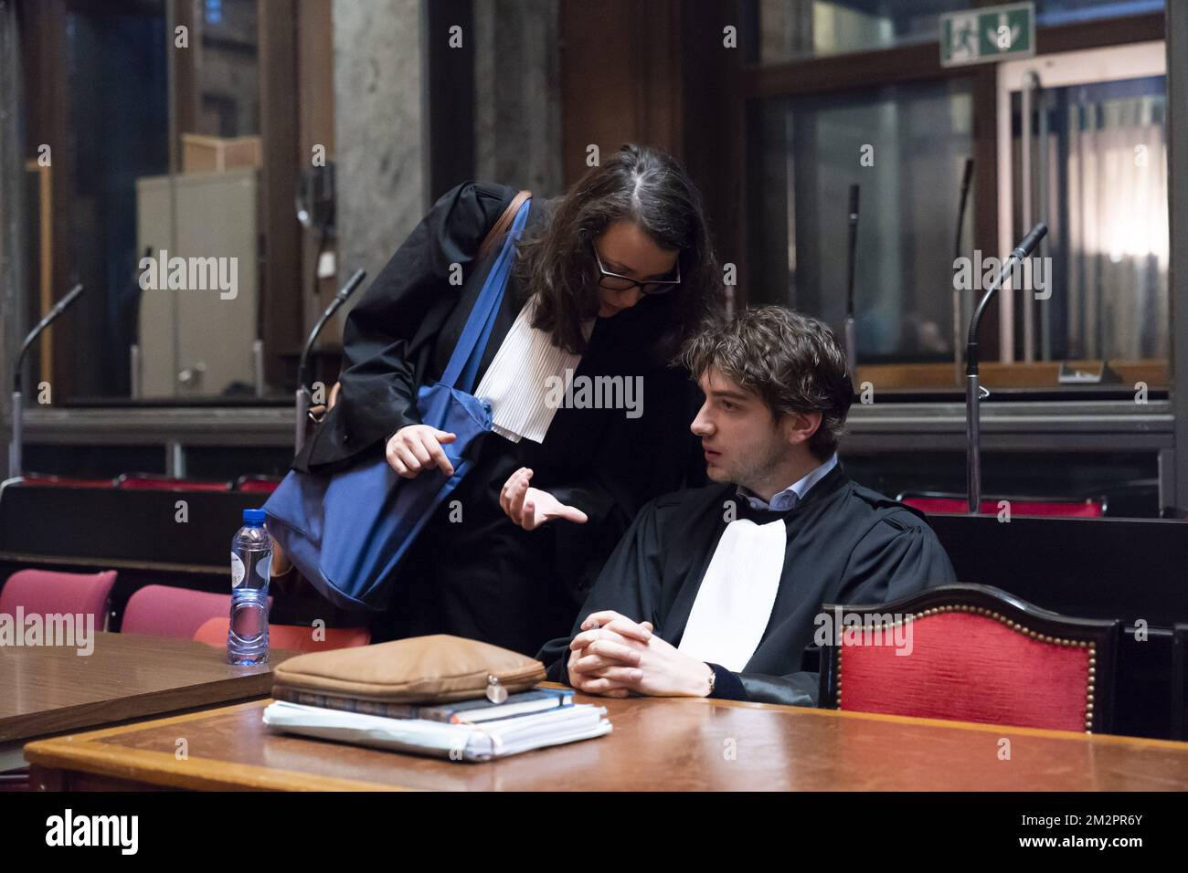 Avocat Virginie Taelman et avocat Guillaume Lys photographiés lors d'une session du procès pour l'attentat terroriste au Musée juif de Bruxelles, au Palais de Justice de Bruxelles, lundi 18 février 2019. Nemmauche et Bendrer sont accusés d'avoir commis un attentat terroriste le 24 mai 2014 au Musée juif de Bruxelles, tuant quatre personnes. BELGA PHOTO POOL DAINA LE LARDIC Banque D'Images