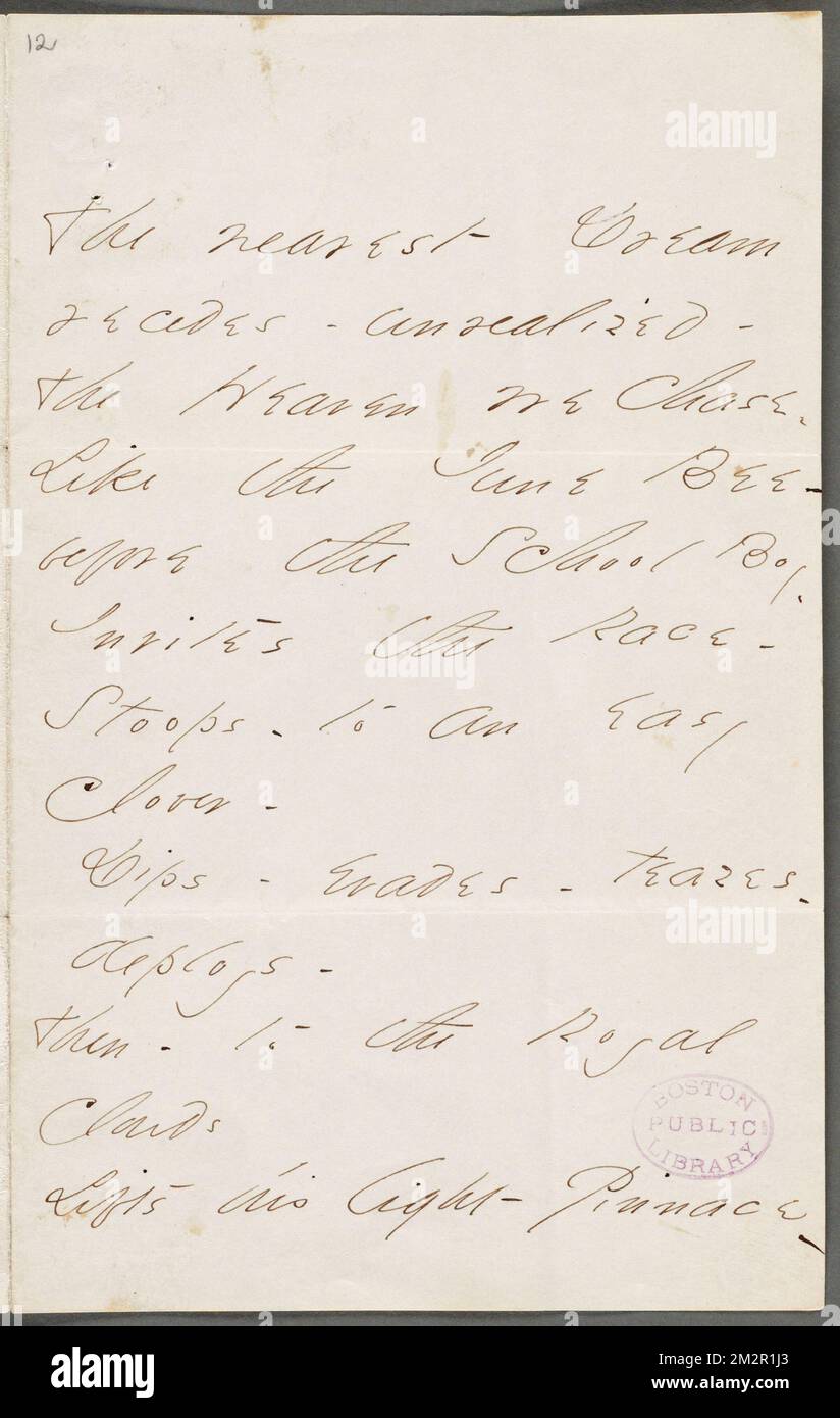 Emily Dickinson, Amherst, Mass., manuscrit autographe poème: The Nearest Dream Recedes unreasureded, 1862 , Dreaming Banque D'Images