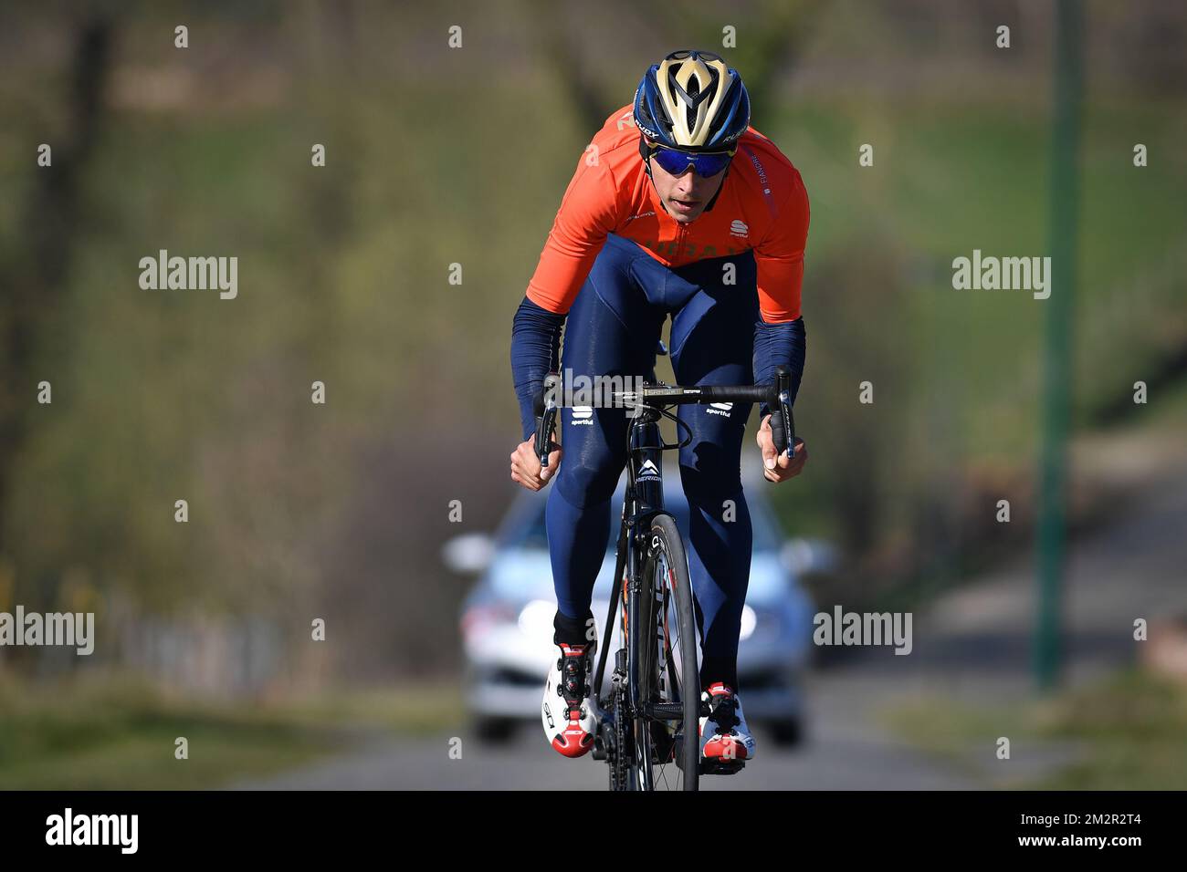 Dylan Belge Teuns of Bahrain-Merida photographié en action lors de la reconnaissance de la piste de l'édition 74th de la course cycliste d'une journée Omloop Het Nieuwsblad, mercredi 27 février 2019. BELGA PHOTO DAVID STOCKMAN Banque D'Images