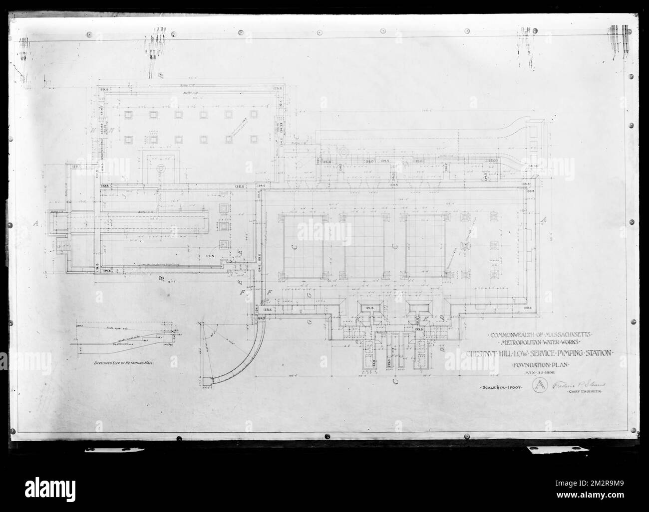 Engineering Plans, Distribution Department, Chestnut Hill Low Service Pumping Station, foundation plan, Sheet A, Brighton, Mass., Jul. 30, 1898 , waterworks, pumping stations, engineering maps Banque D'Images