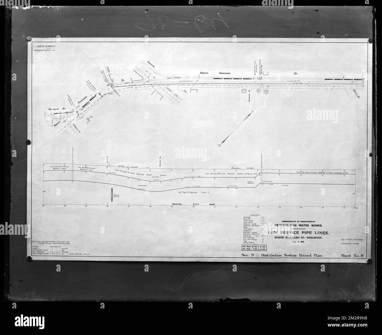 Plans d'ingénierie, lignes de tuyauterie de service bas, ACC. Non B2883, Mass., 15 juillet 1898 , travaux d'eau, cartes techniques Banque D'Images