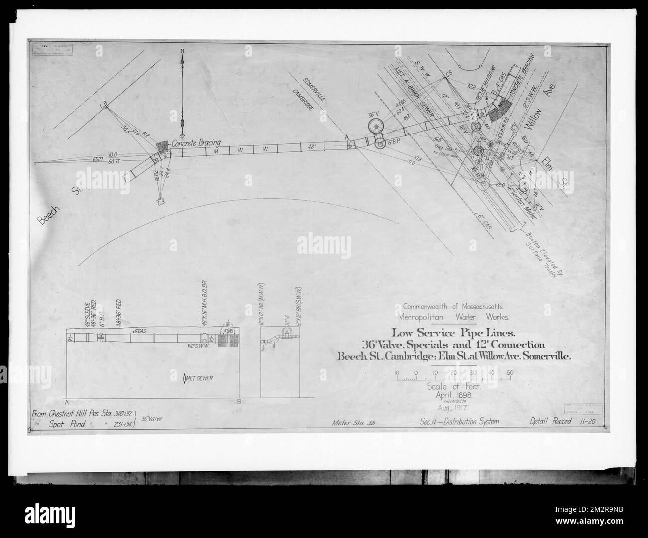 Plans d'ingénierie, Service de la distribution, canalisations à faible service, avril 1898; août 1917; ACC. Non B731, Mass., août 1917, travaux nautiques, cartes techniques Banque D'Images