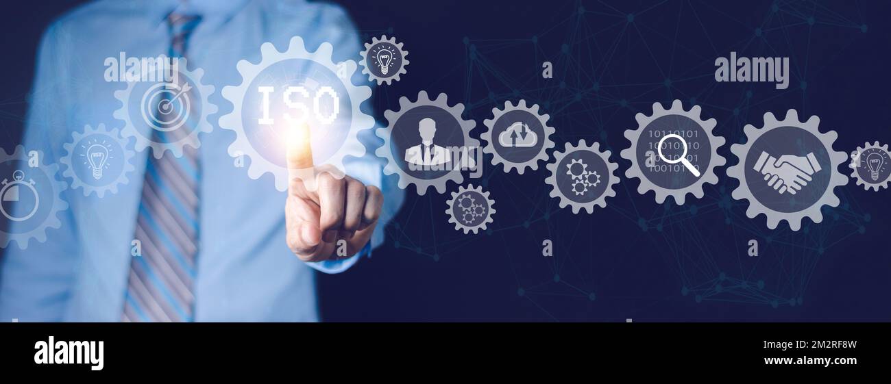 Processus de certification ISO et gestion de la qualité pour les entreprises et les entreprises. Certifié par l'Organisation internationale de normalisation. AQ, standardisation et Banque D'Images